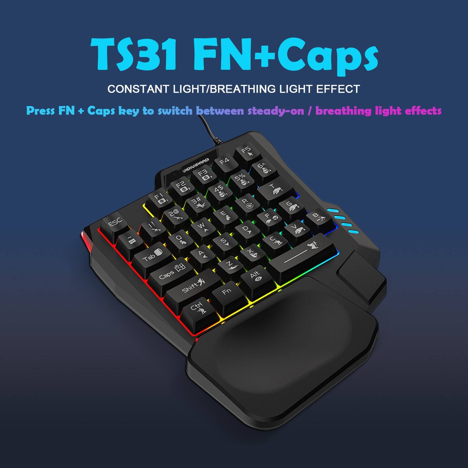 TS31 FN+Caps  
CONSTANT LIGHT/BREATHING LIGHT EFFECT  
Press FN + Caps key to switch between steady-on / breathing light effects