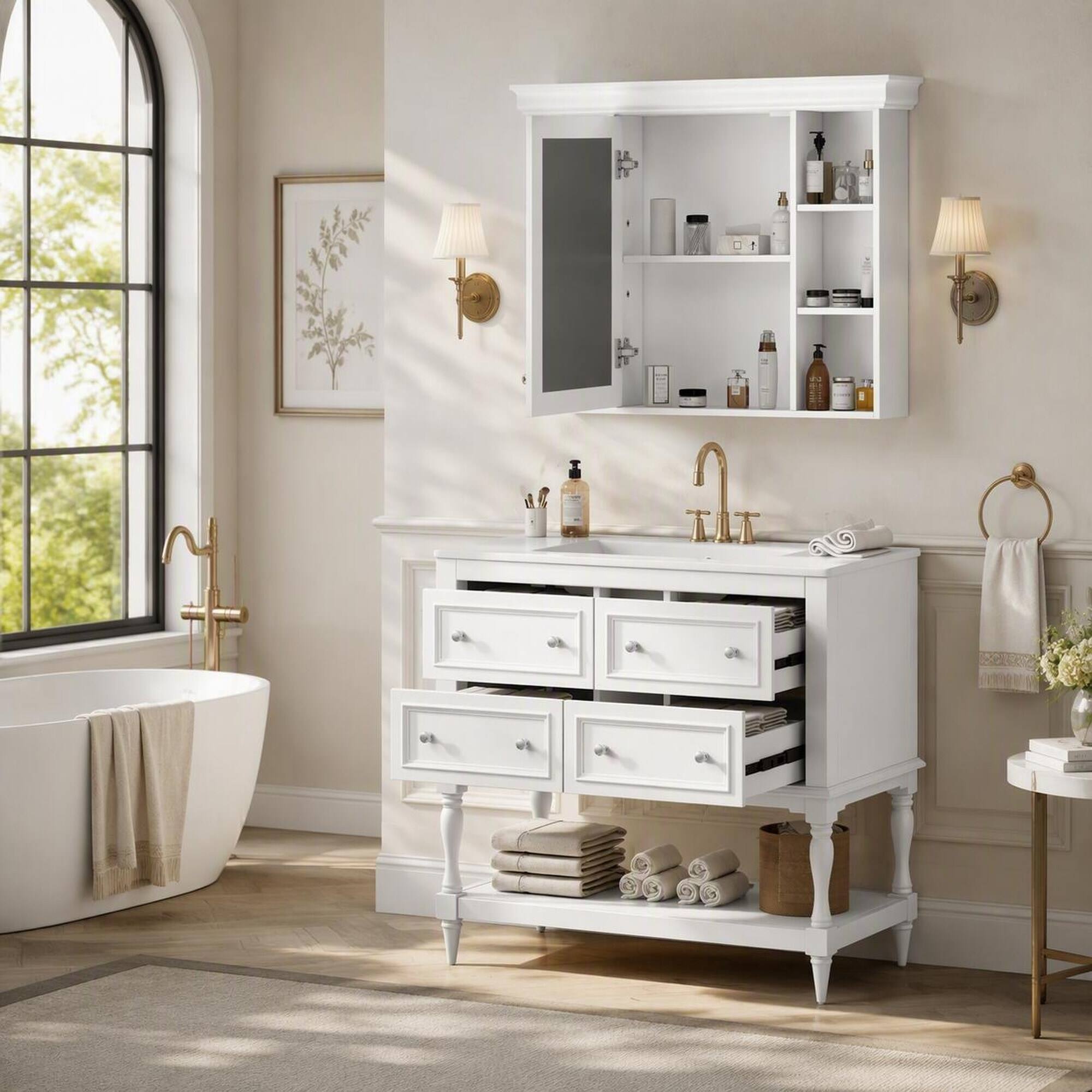 RYHNUYNE 36 Inch Bathroom Vanity with Ceramic Sink, Mirror Cabinet and ...