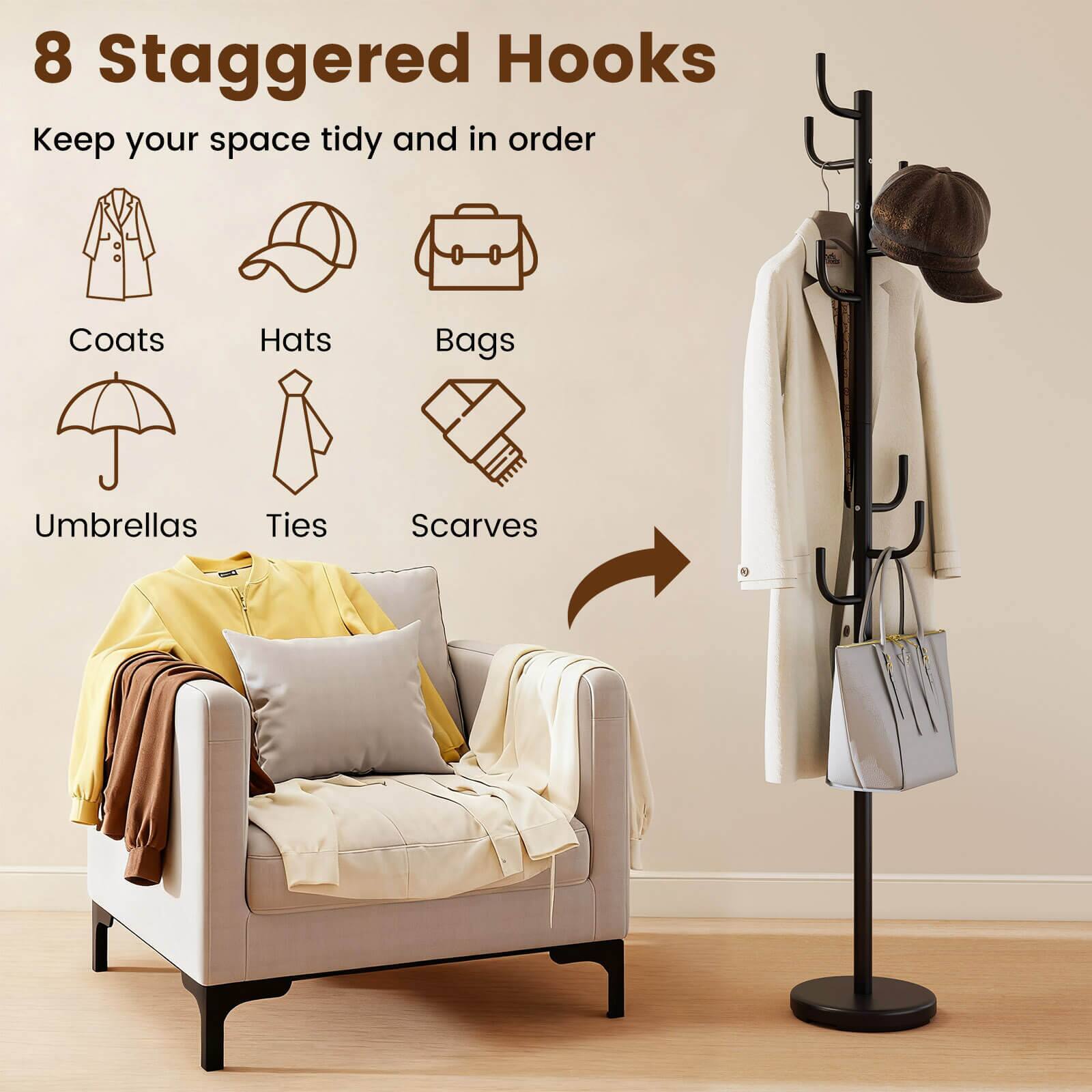 8 Staggered Hooks  
Keep your space tidy and in order  
Coats  
Hats  
Bags  
Umbrellas  
Ties  
Scarves