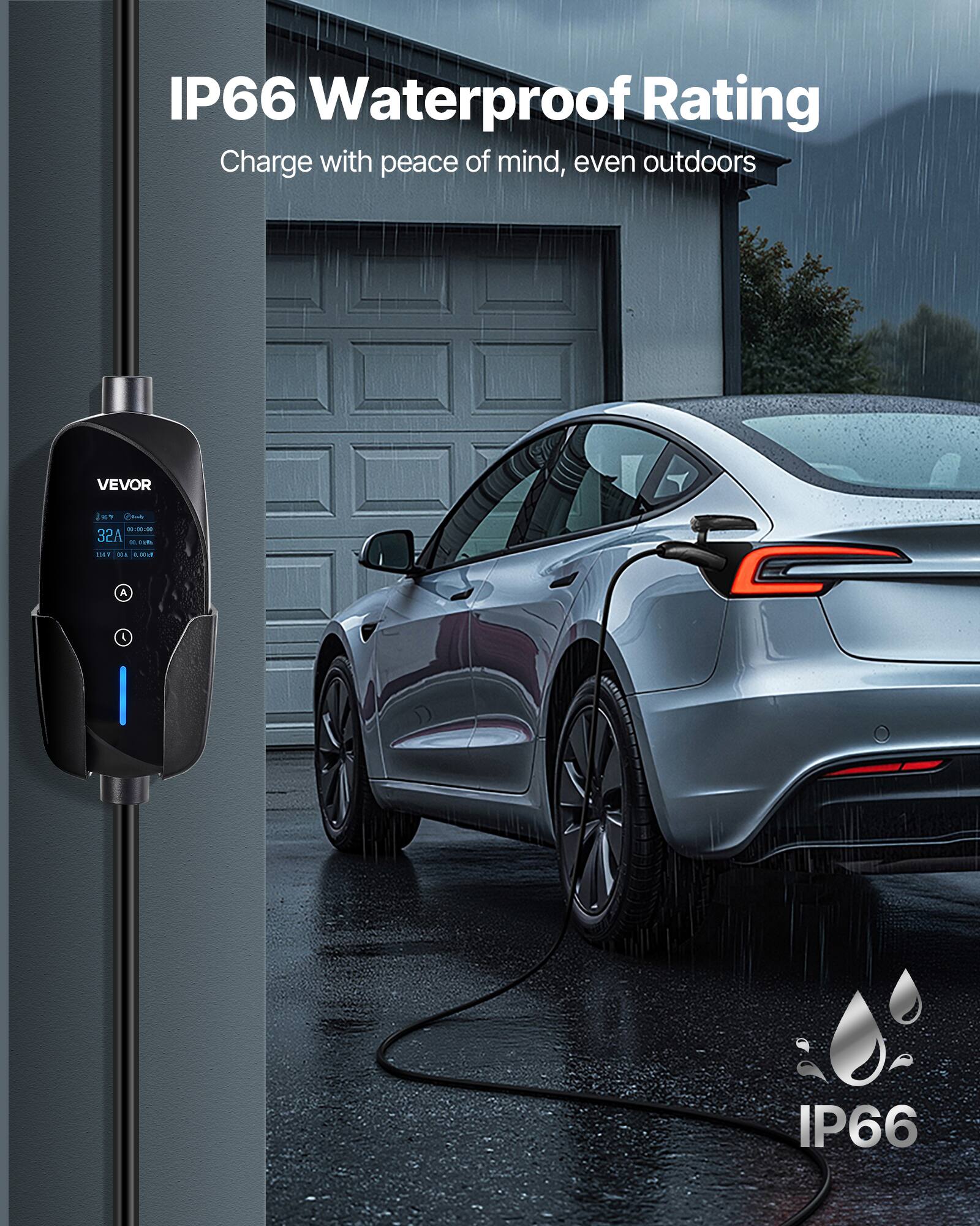 IP66 Waterproof Rating  
Charge with peace of mind, even outdoors  

VEVOR  
WT Photograme 00:00:00 32A 00.0%  

IP66