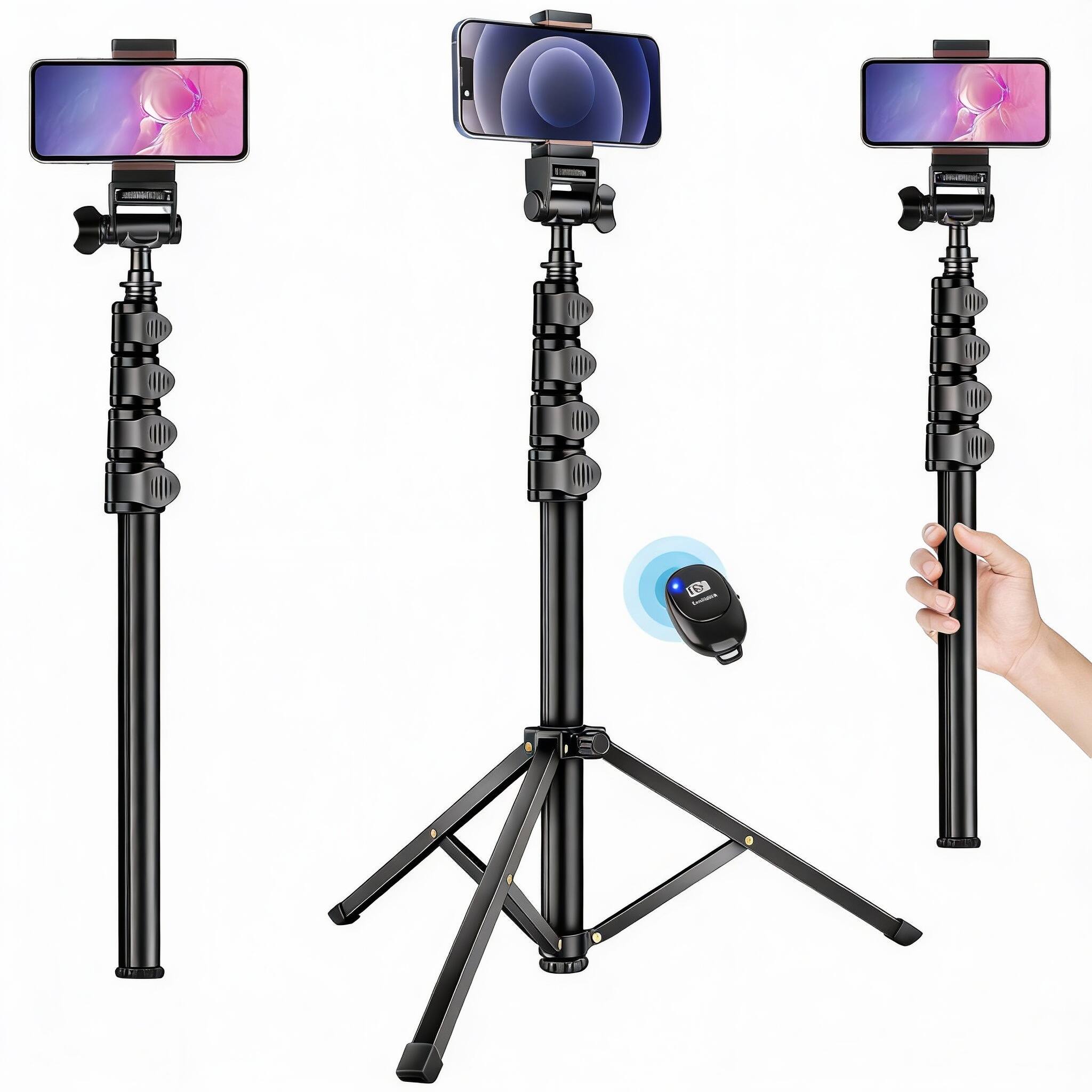 Alt View 2. OMOMMD - Phone Tripod Selfie Stick Cellphone Aluminum Tripods Stand For Video Photo Vlog Travel With Gooseneck Remot... - Black.