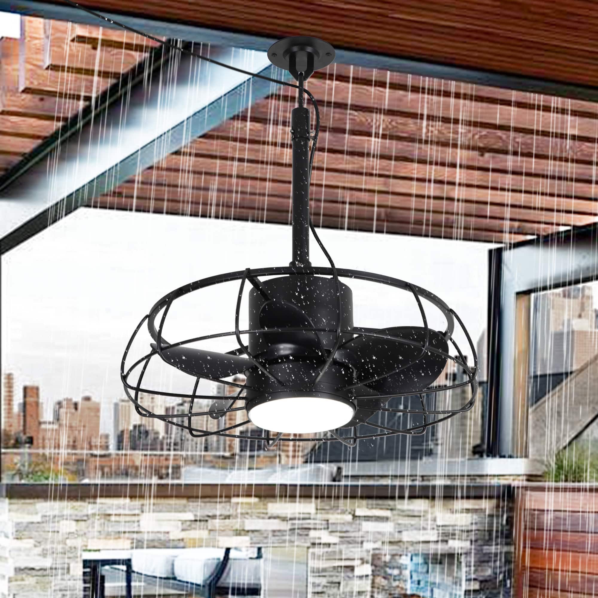 Front. Parrot Uncle - 20" Industrial Black Wet Hook Outdoor Caged Ceiling Fan with Light and Remote - Black.