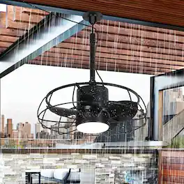 Parrot Uncle - 20" Industrial Wet Hook Outdoor Caged Ceiling Fan with Light and Remote - Black