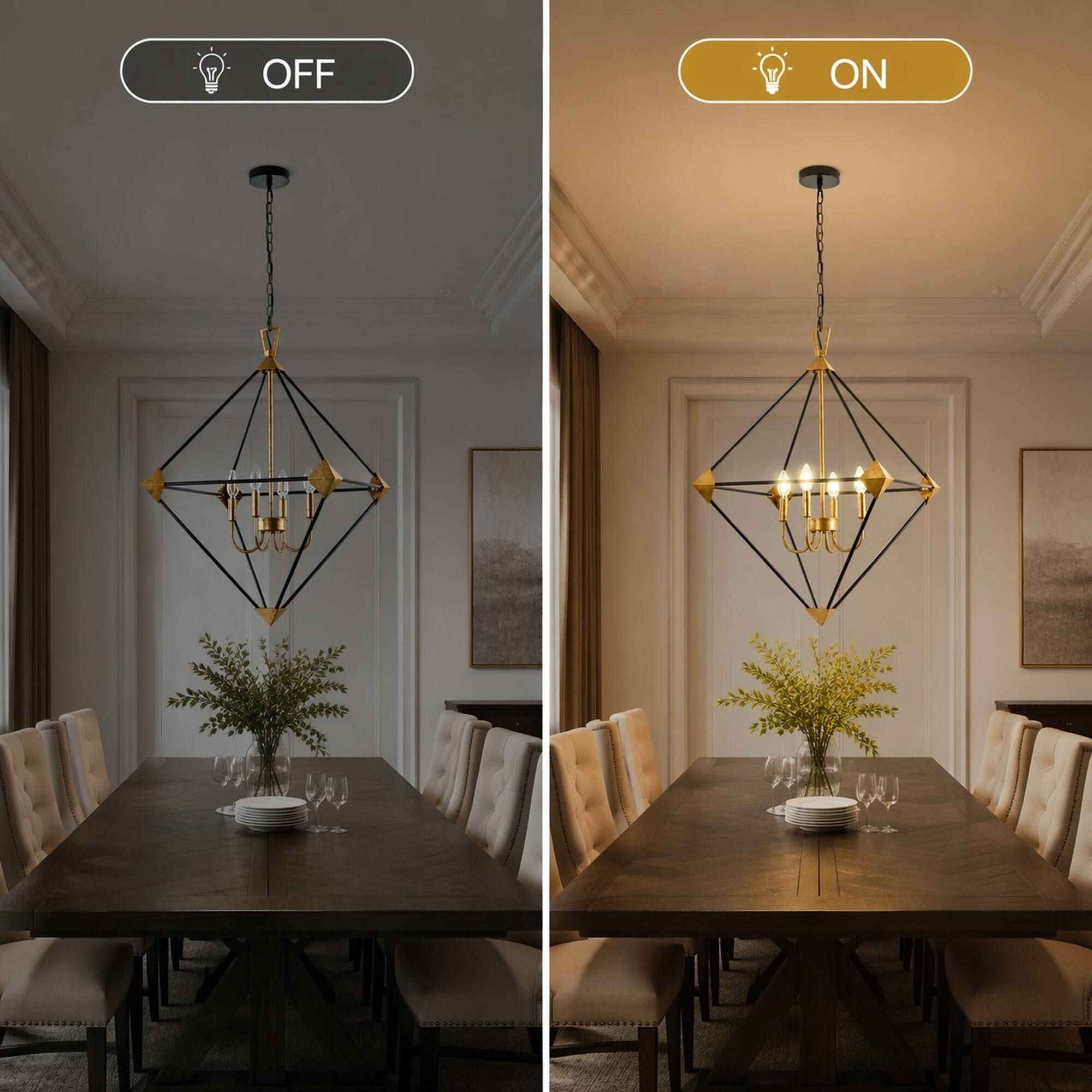Alt View 3. RYHNUYNE - Modern 4‑Light Lantern Chandelier, Metal Hanging Pendant Light Fixture for Dining Room Foyer - Black+Gold.