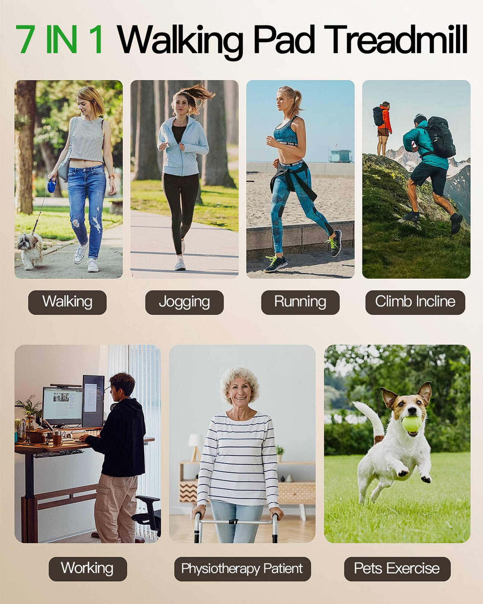 7 IN 1 Walking Pad Treadmill: A machine that allows users to walk, jog, run, climb, and perform incline exercises.
Working: Engaging in physical activity or work-related tasks.
Physiotherapy Patient: A person receiving treatment for physical rehabilitation or recovery from an injury or illness.
Pets Exercise: Activities that pets can participate in to stay healthy and active.