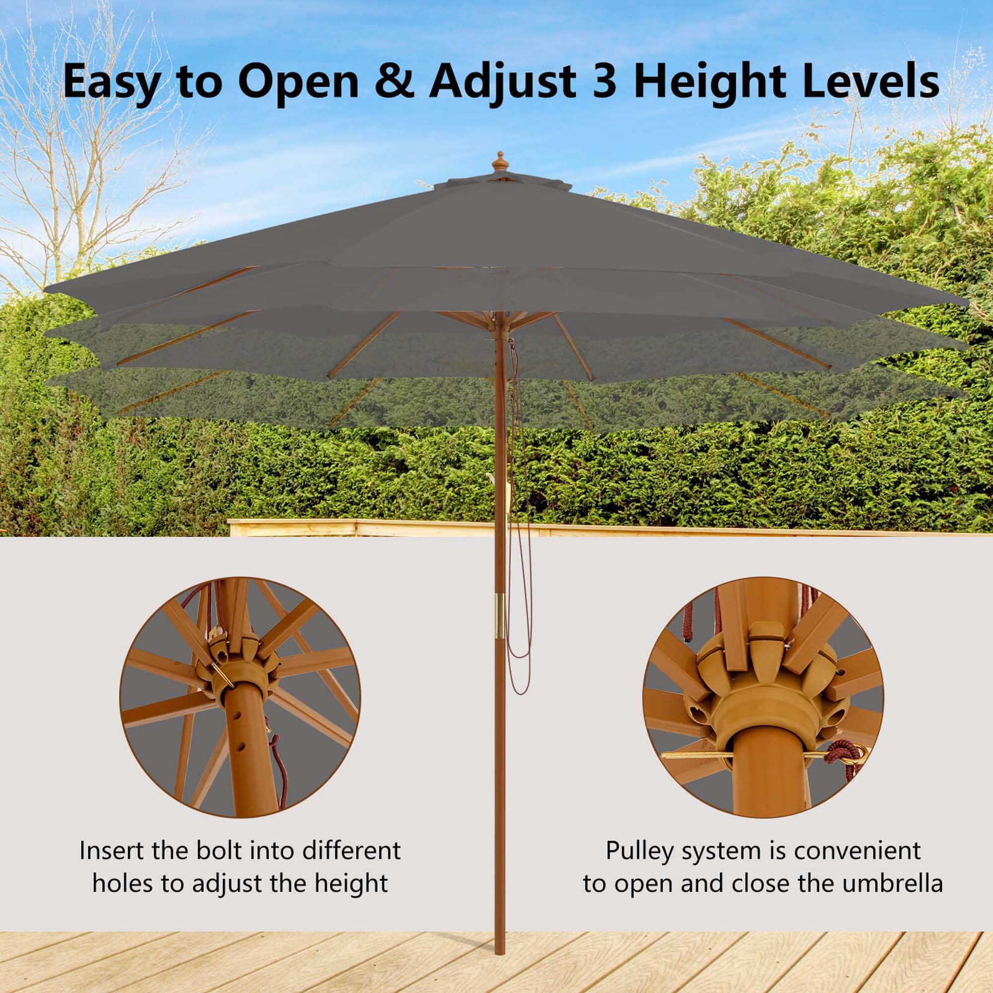 Easy to Open & Adjust 3 Height Levels:
Insert the bolt into different holes to adjust the height.
Pulley system is convenient to open and close the umbrella.
