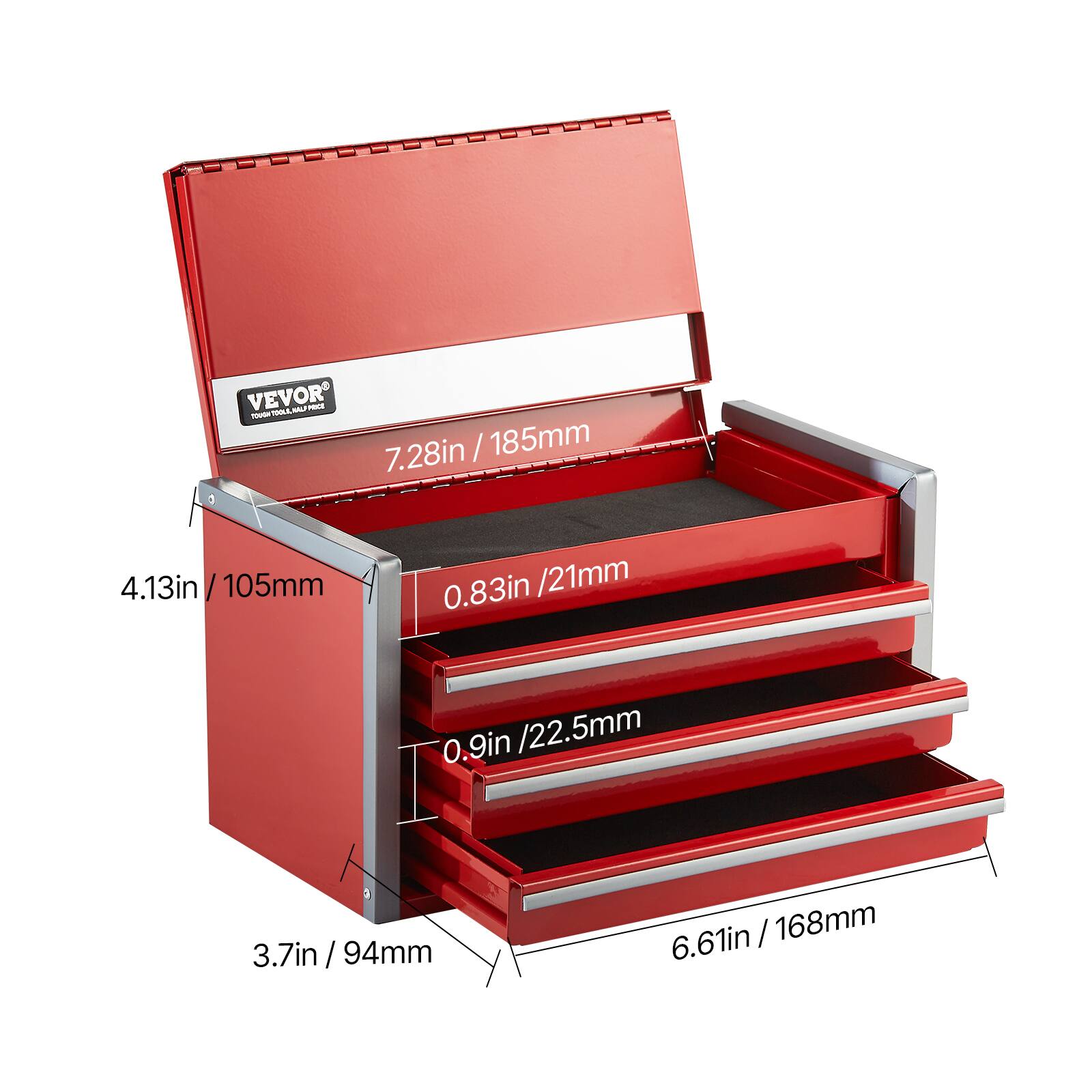 VEVOR  
TOUGH TOOL BOX  

7.28in / 185mm  
4.13in / 105mm  
0.83in / 21mm  
0.9in / 22.5mm  
3.7in / 94mm  
6.61in / 168mm