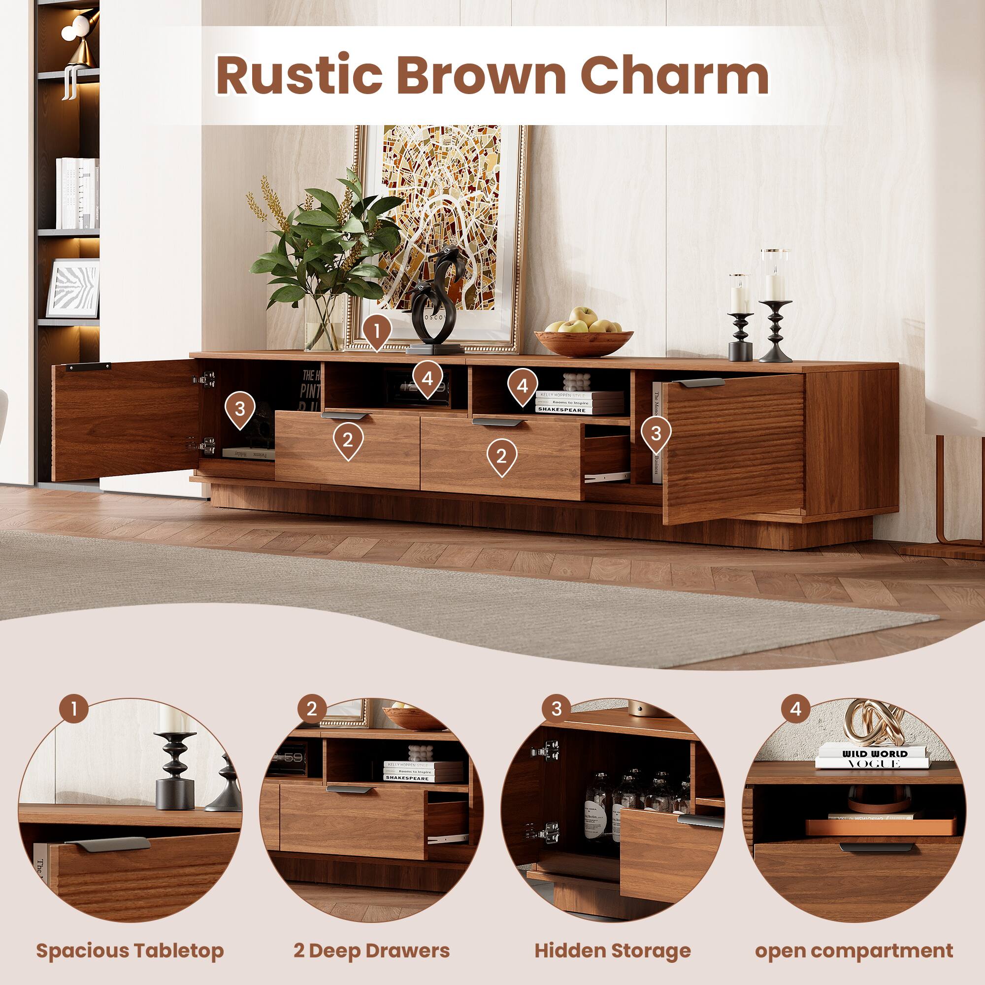 Rustic Brown Charm

1. Spacious Tabletop
2. 2 Deep Drawers
3. Hidden Storage
4. open compartment