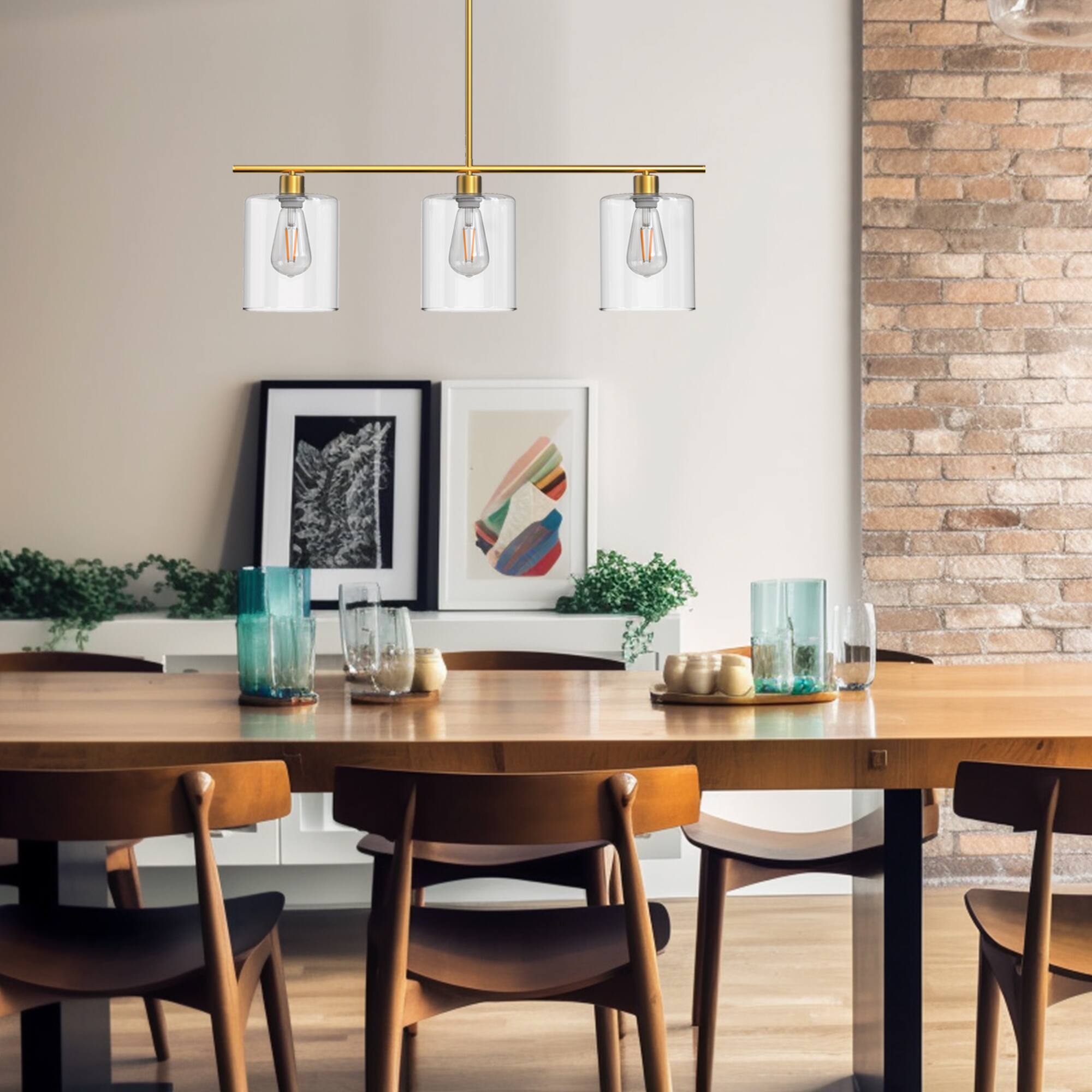 Alt View 1. Jandcase - JANDCASE 3-Light Brass Island Pendant Light, Clear Glass Shades, E26 Socket, Non-Integrated Bulbs, for Kitchen Island - Gold.
