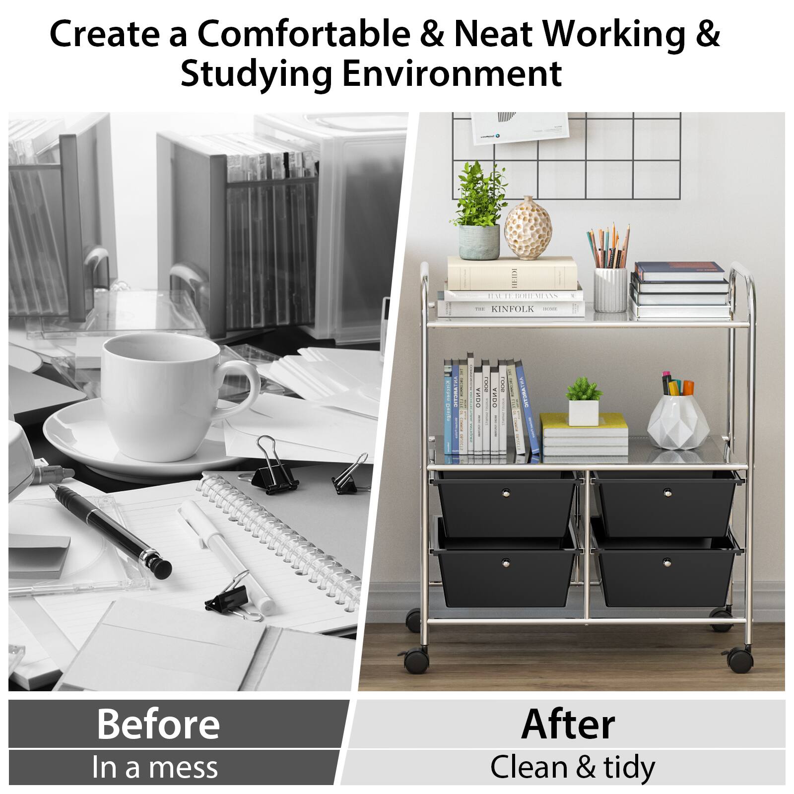 Create a Comfortable & Neat Working & Studying Environment HEX 1M11 - TRIENIEUS - RINFOLK | I I i graeda VDO PO0 b | PAL I | Before In a mess After Clean & tidy