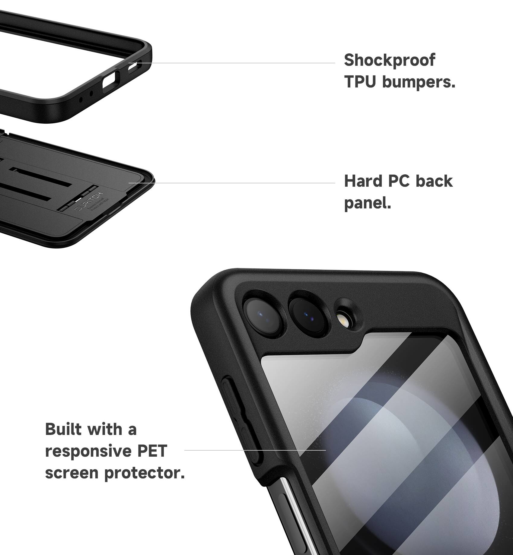 Shockproof TPU bumpers.  
Hard PC back panel.  
Built with a responsive PET screen protector.