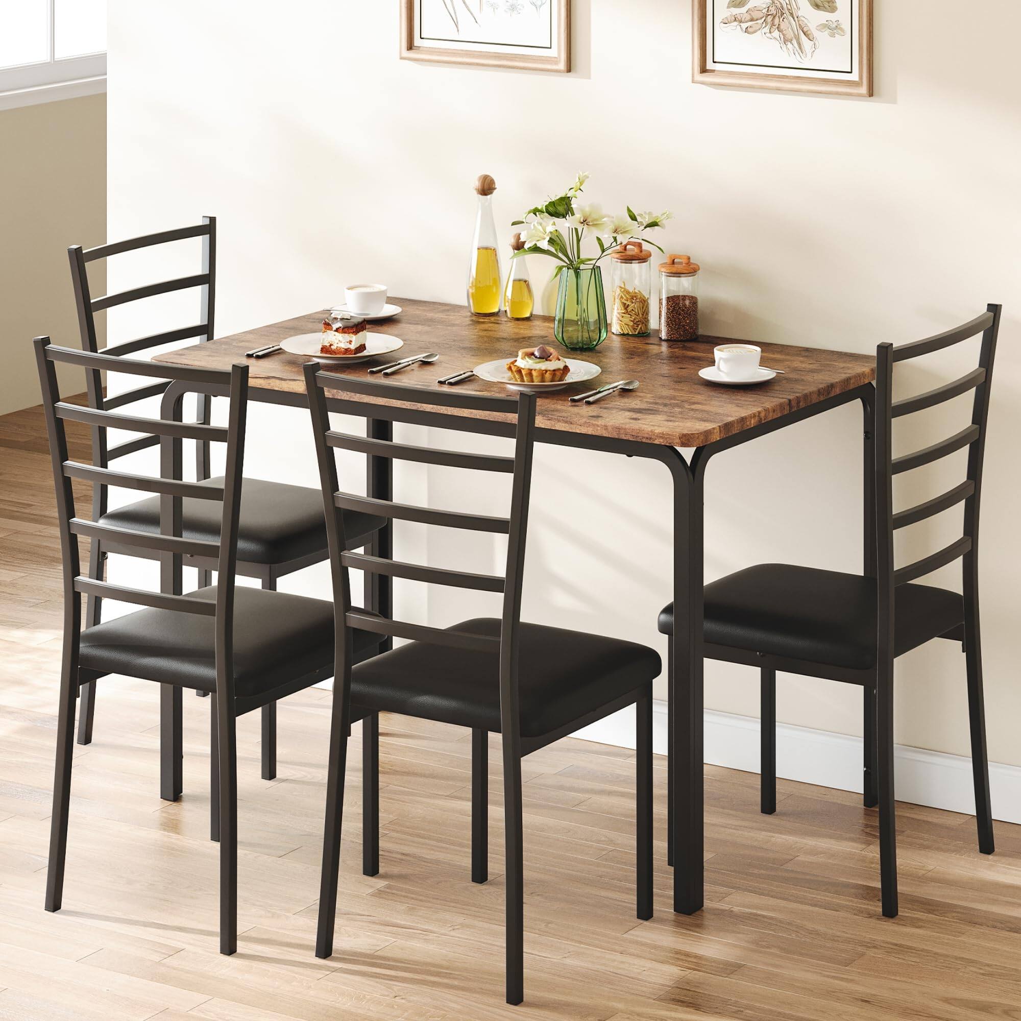 Back. Homhougo - Dining Table Set for 4, 5 Piece Small Space Dining Set Square Table with 4 Upholstered Chairs - Brown.
