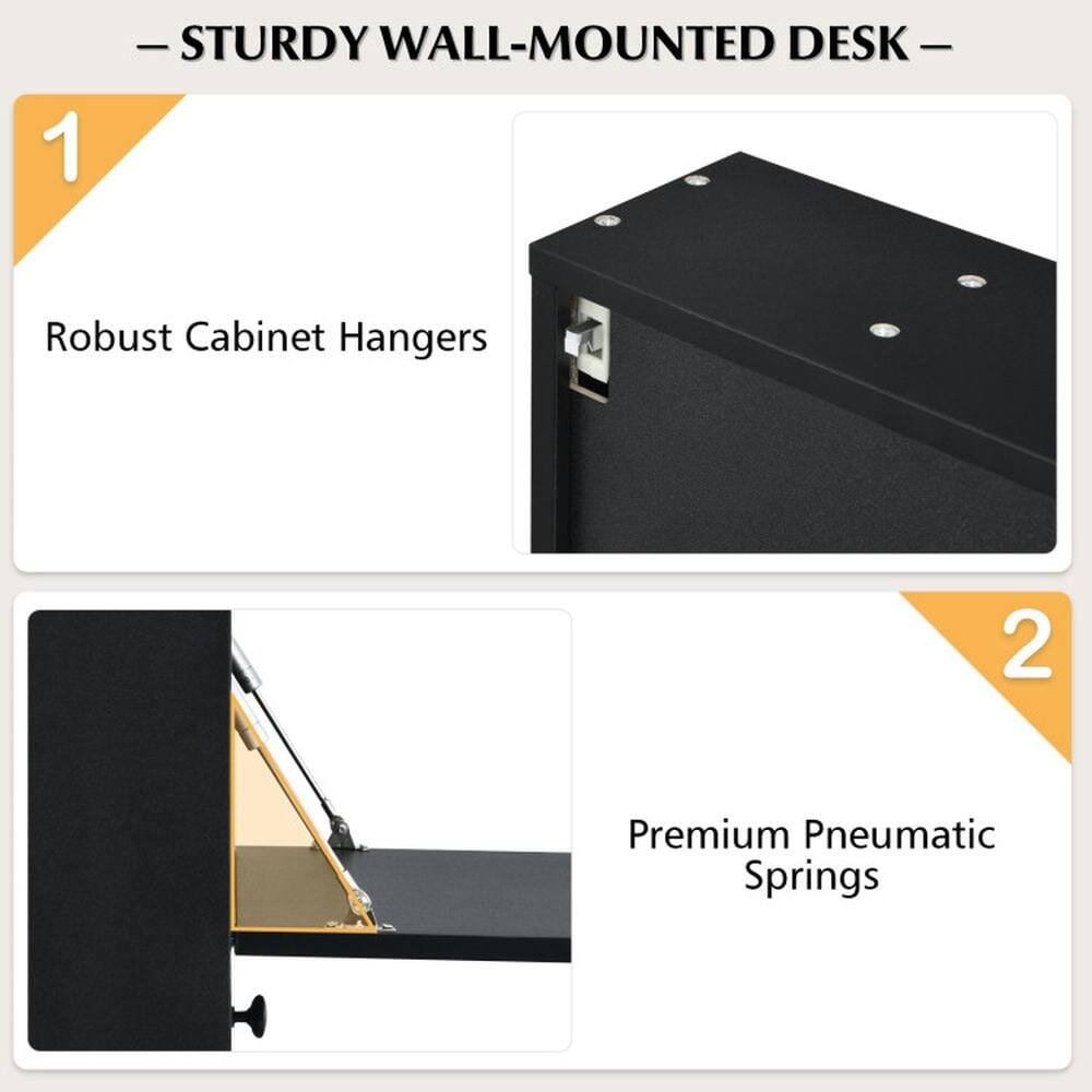 1. STURDY WALL-MOUNTED DESK
   - Robust Cabinet Hangers
2. Premium Pneumatic Springs