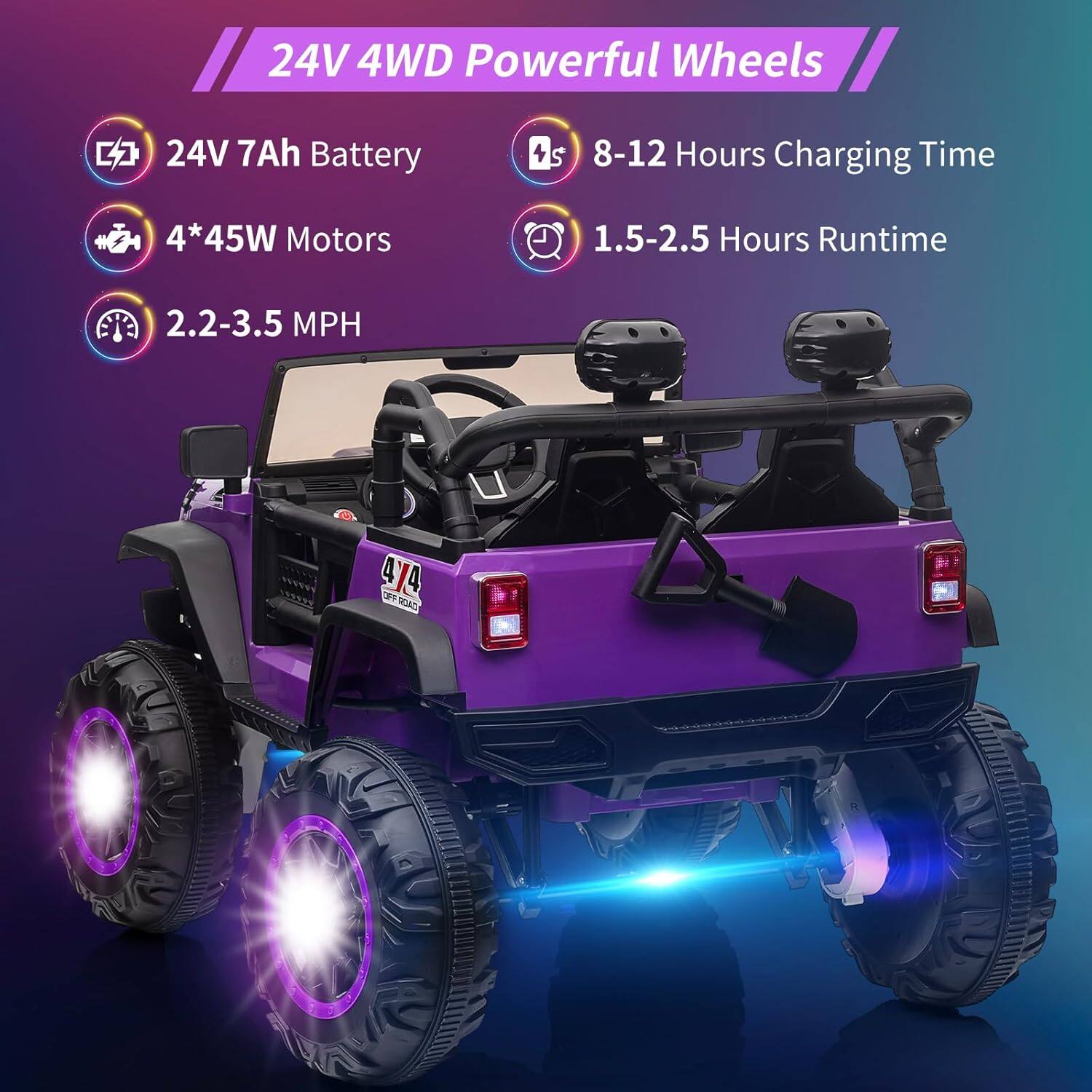 24V 4WD Powerful Wheels

- 24V 7Ah Battery
- 4*45W Motors
- 2.2-3.5 MPH
- 8-12 Hours Charging Time
- 1.5-2.5 Hours Runtime