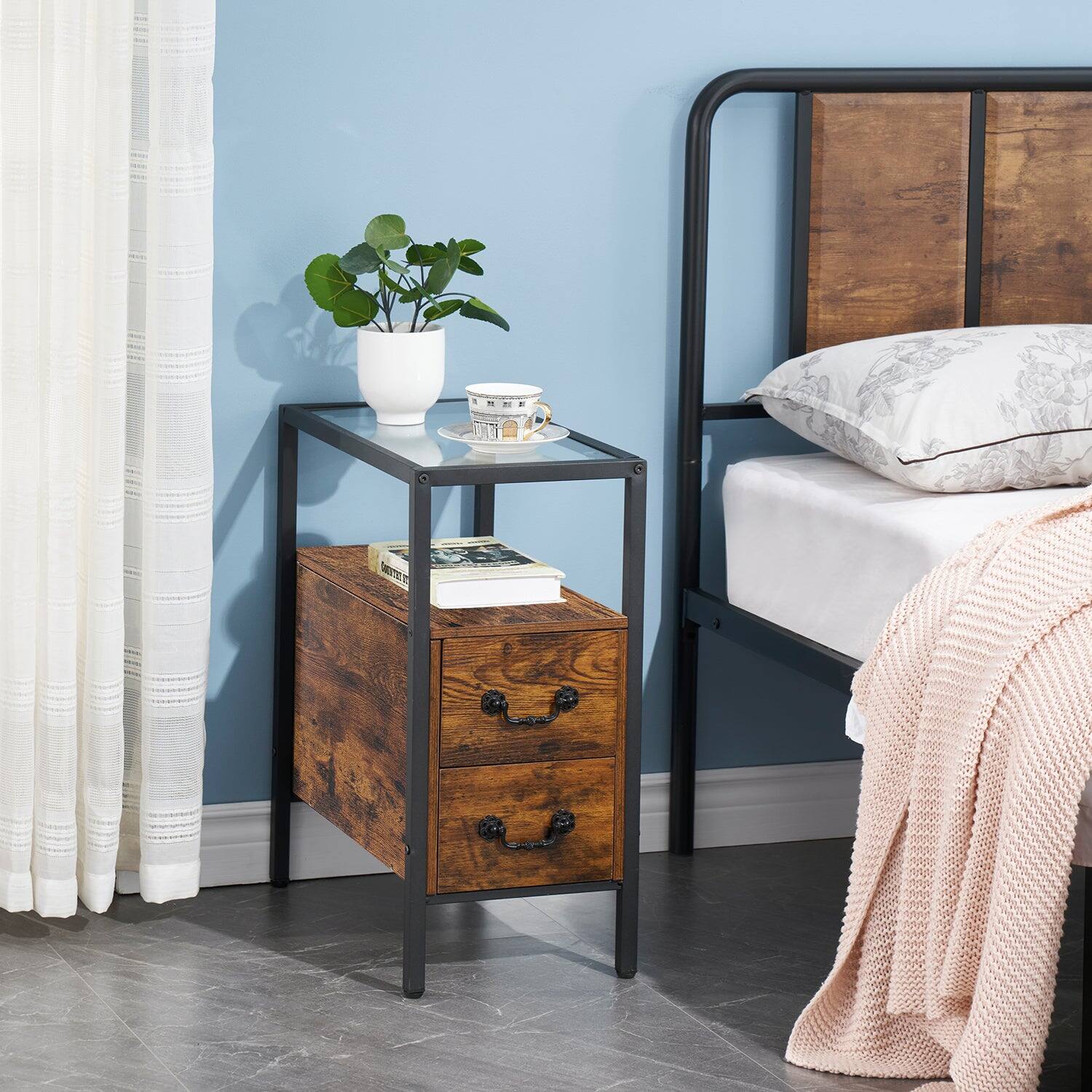 Angle. Vecelo - Set of 2 Glass Top Nightstand with Drawer - Narrow End Table with 2 Shelves, 11" Wide Bedside Table for Small Spaces - Brown.