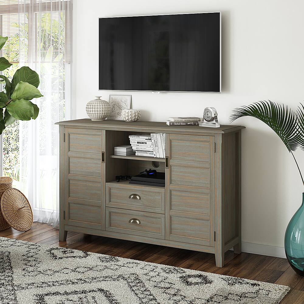 Left View: Simpli Home - Burlington SOLID WOOD 54 inch Wide Transitional TV Media Stand in Distressed Grey For TVs up to 60 inches - Distressed Grey