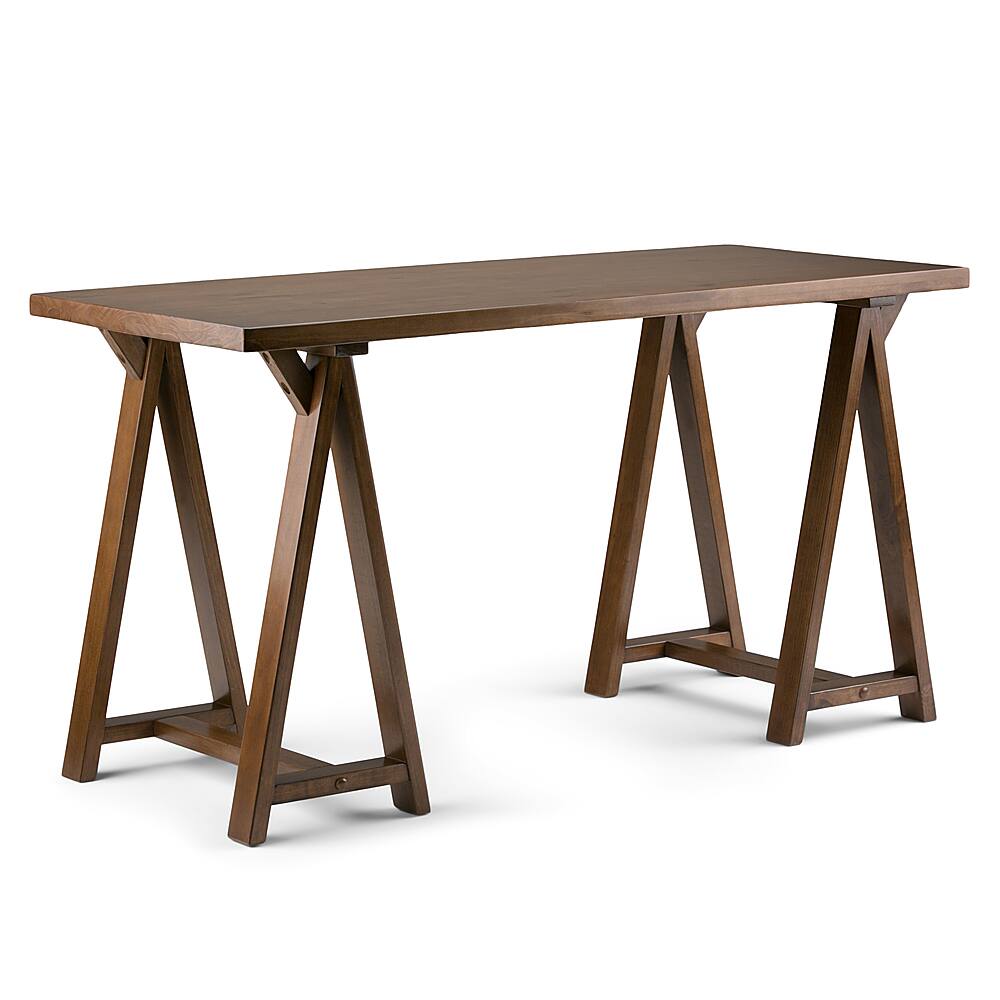 Front. Simpli Home - Sawhorse Writing Desk - Medium Saddle Brown.