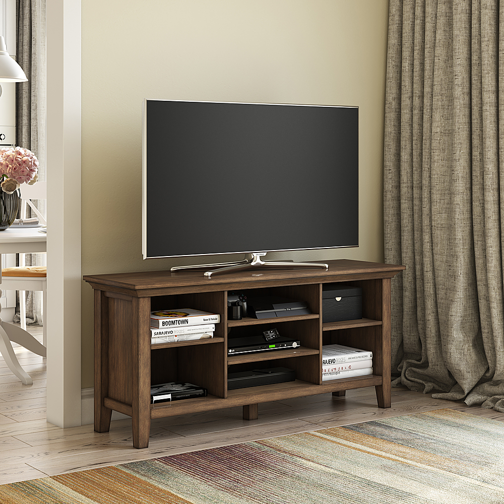 Left View: Simpli Home - Redmond SOLID WOOD 53 inch Wide Transitional TV Media Stand in Rustic Natural Aged Brown For TVs up to 60 inches - Rustic Natural Aged Brown