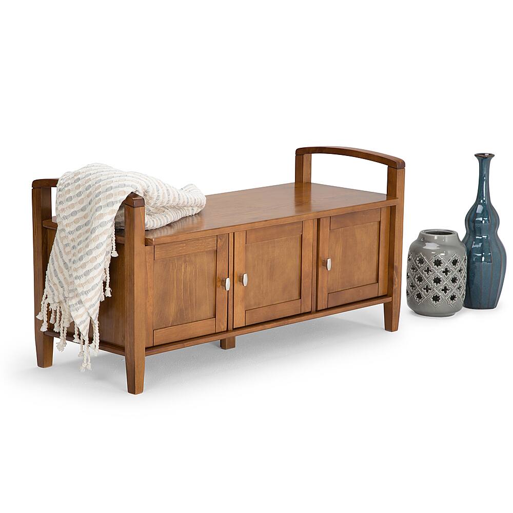 Left View: Simpli Home - Warm Shaker SOLID WOOD 44 inch Wide Transitional Entryway Storage Bench in - Light Golden Brown