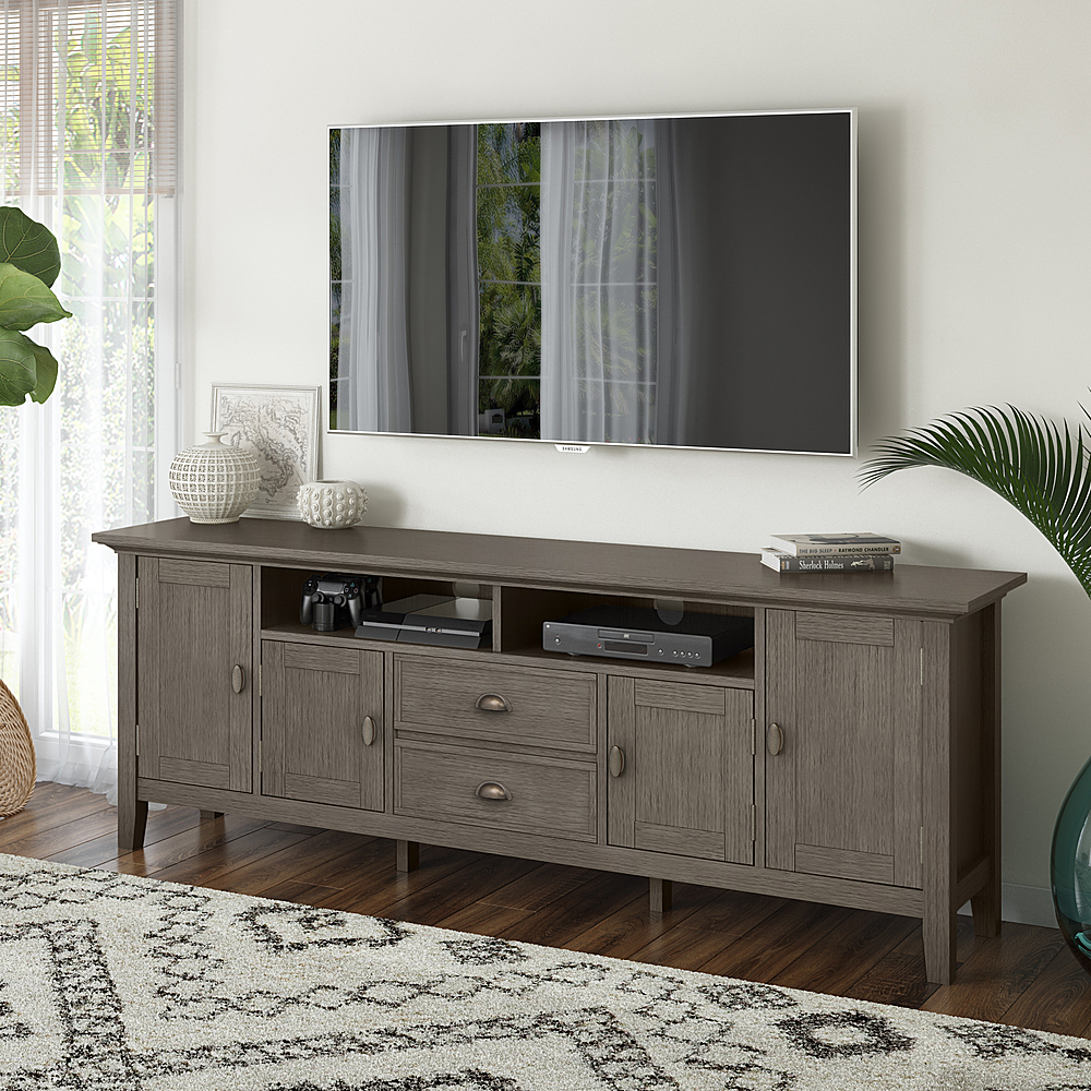 Left View: Simpli Home - Redmond SOLID WOOD 72 inch Wide Transitional TV Media Stand in Farmhouse Grey For TVs up to 80 inches - Farmhouse Grey