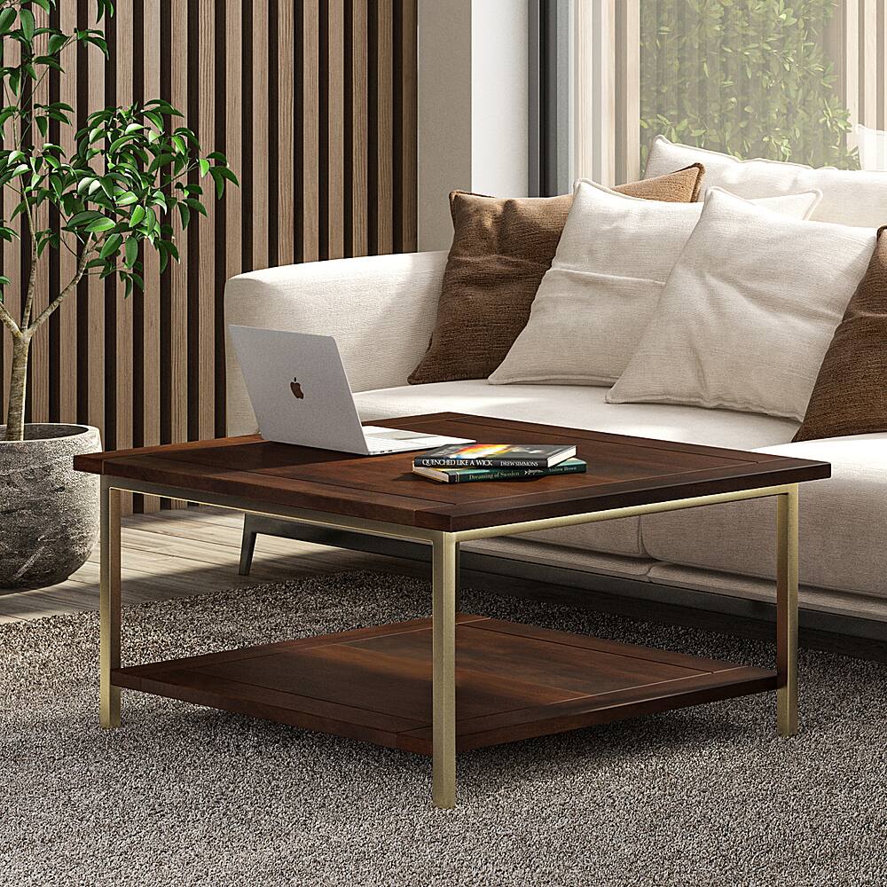 Left View: Simpli Home - Skyler Square Coffee Table - Dark Brown / Gold