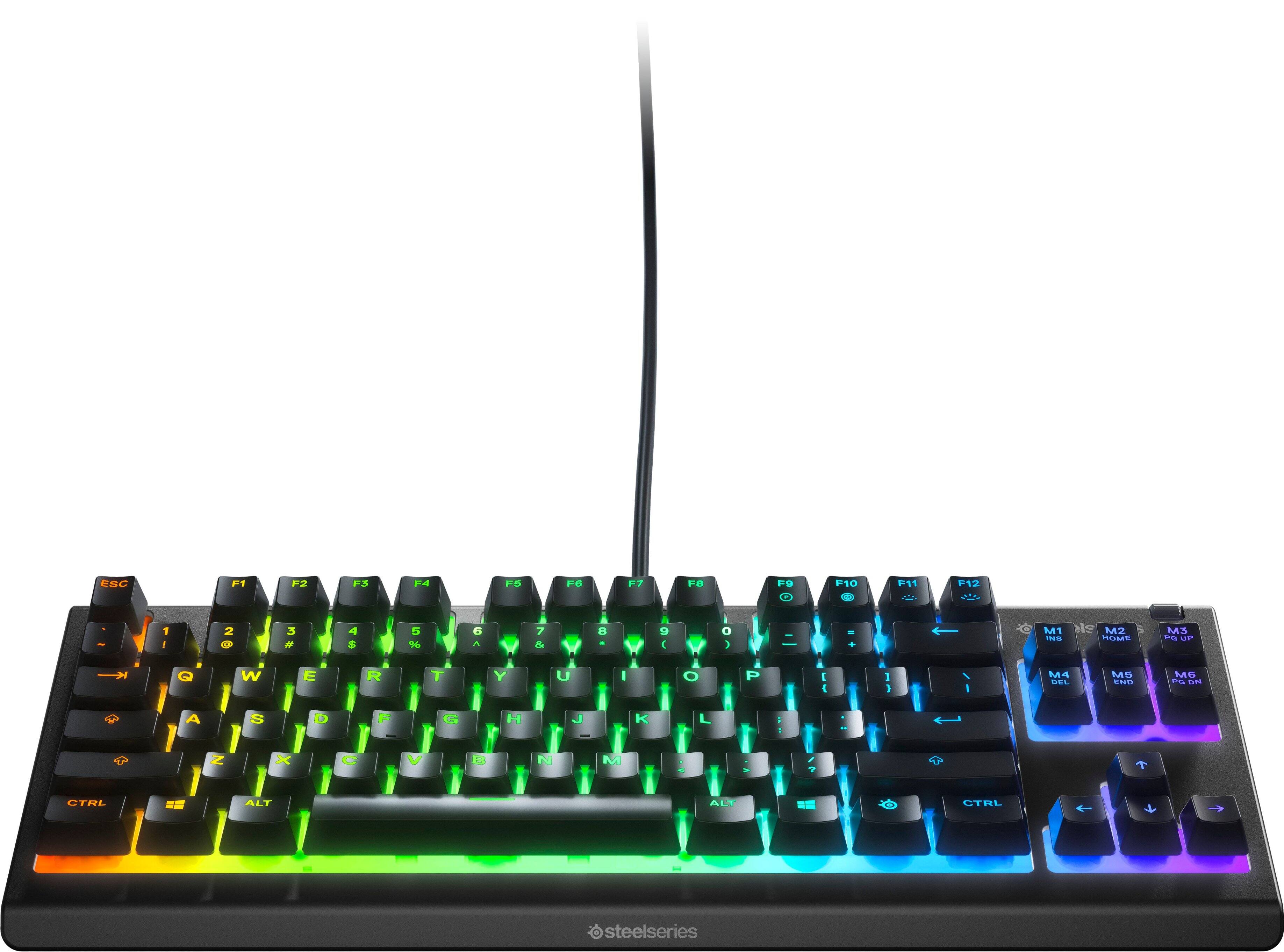 The image shows a colorful keyboard with a rainbow design, featuring a variety of colors and patterns. The keyboard is made by Steelseries, a well-known gaming peripheral brand. The keys are arranged in rows, with the top row containing the F1 to F12 keys, the number keys, and the function keys. The middle row includes the arrow keys, and the bottom row consists of the letters A to Z. The keyboard is designed to provide an enjoyable and visually appealing typing experience for users.