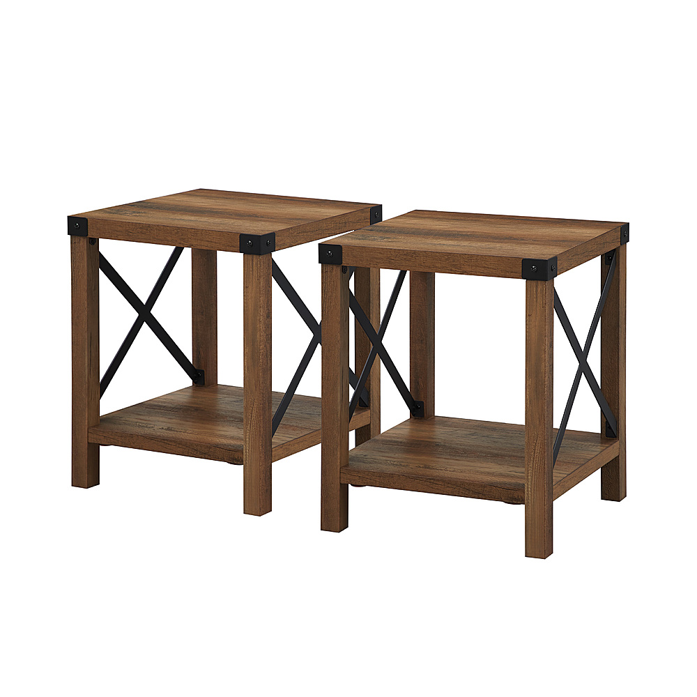 Angle View: Walker Edison - 18” Farmhouse 2-Piece Metal-X Side Table Set - Rustic Oak