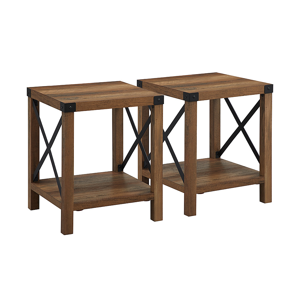 Left View: Walker Edison - 18” Farmhouse 2-Piece Metal-X Side Table Set - Rustic Oak