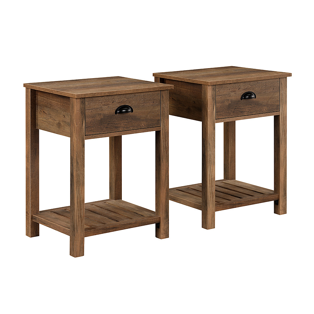 Left View: Walker Edison - 2-Piece Farmhouse Side Table with Lower Shelf Set - Brushed White