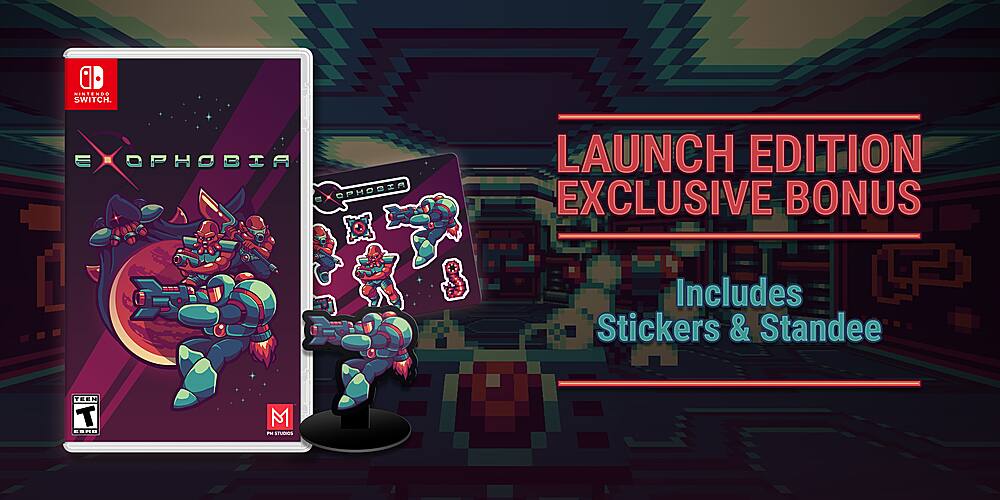 The image features a Nintendo Switch game called Exophobia. The game comes with a launch edition exclusive bonus, which includes stickers and a standee. The image showcases the game's cover and highlights the special offer included with the purchase.