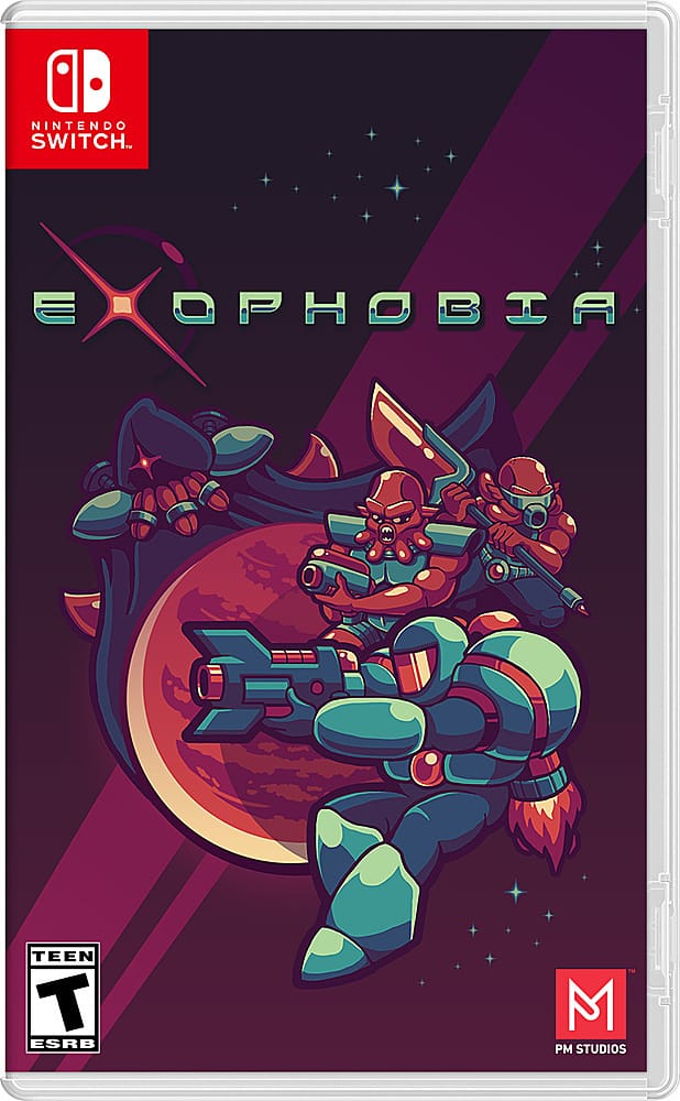 The image features a video game called Ephobia for the Nintendo Switch. The game has a purple and black color scheme, with a robot character and a spaceship on the cover. The game is rated M for mature audiences, and it is developed by PM Studios.