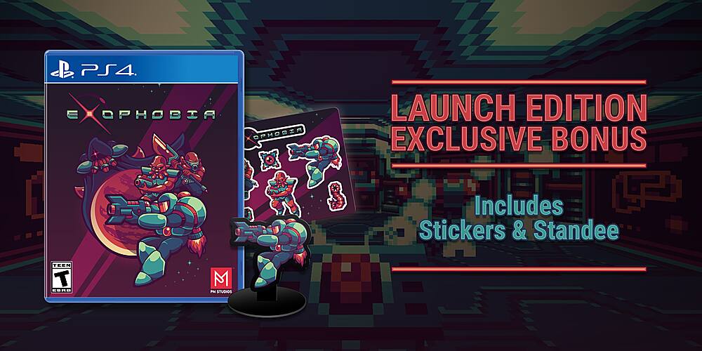 The image features a PlayStation 4 game called Phobia Launch Edition. The game includes exclusive bonus items such as stickers and a standee. The game is rated Teen and is developed by Teen Titans Studios.