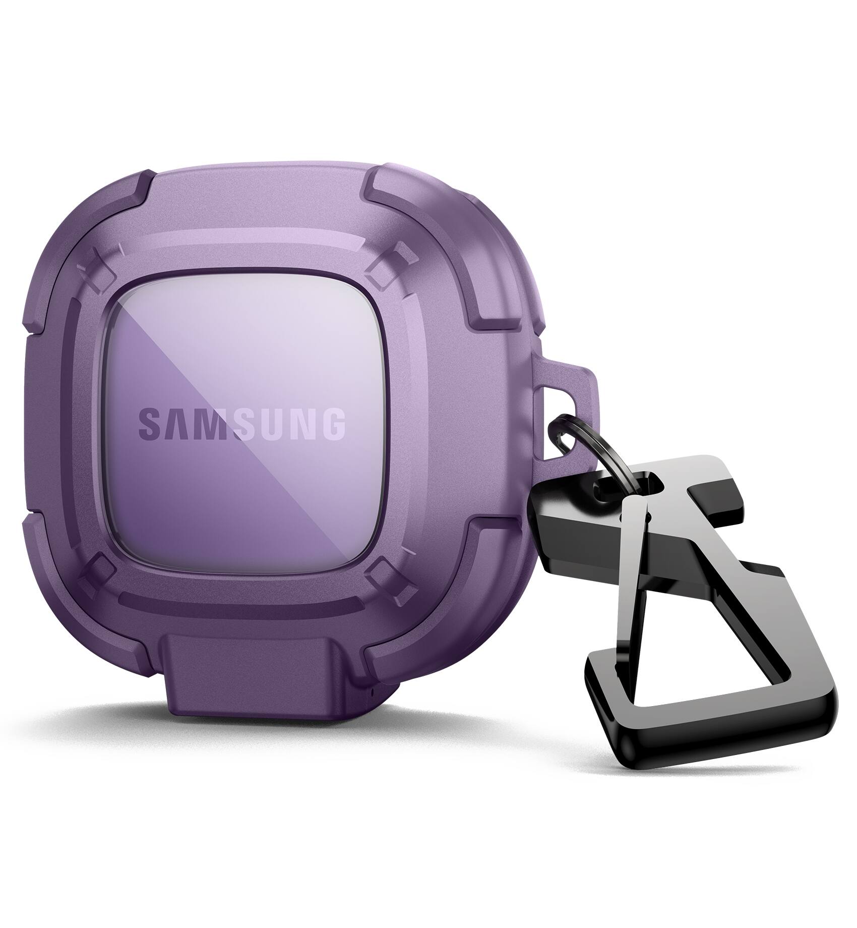 Angle. Dexnor - Bumper Case for Samsung Galaxy Buds FE/Buds 2 Pro/Buds 2)/Buds Pro (2021)/Buds Live with Secure Lock, Carabiner - Phantom Purple.