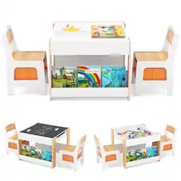 Costway - 4-in-1 Kids Table & Chair Set Toddler Wooden Activity Table with Side Bookshelves - Beige