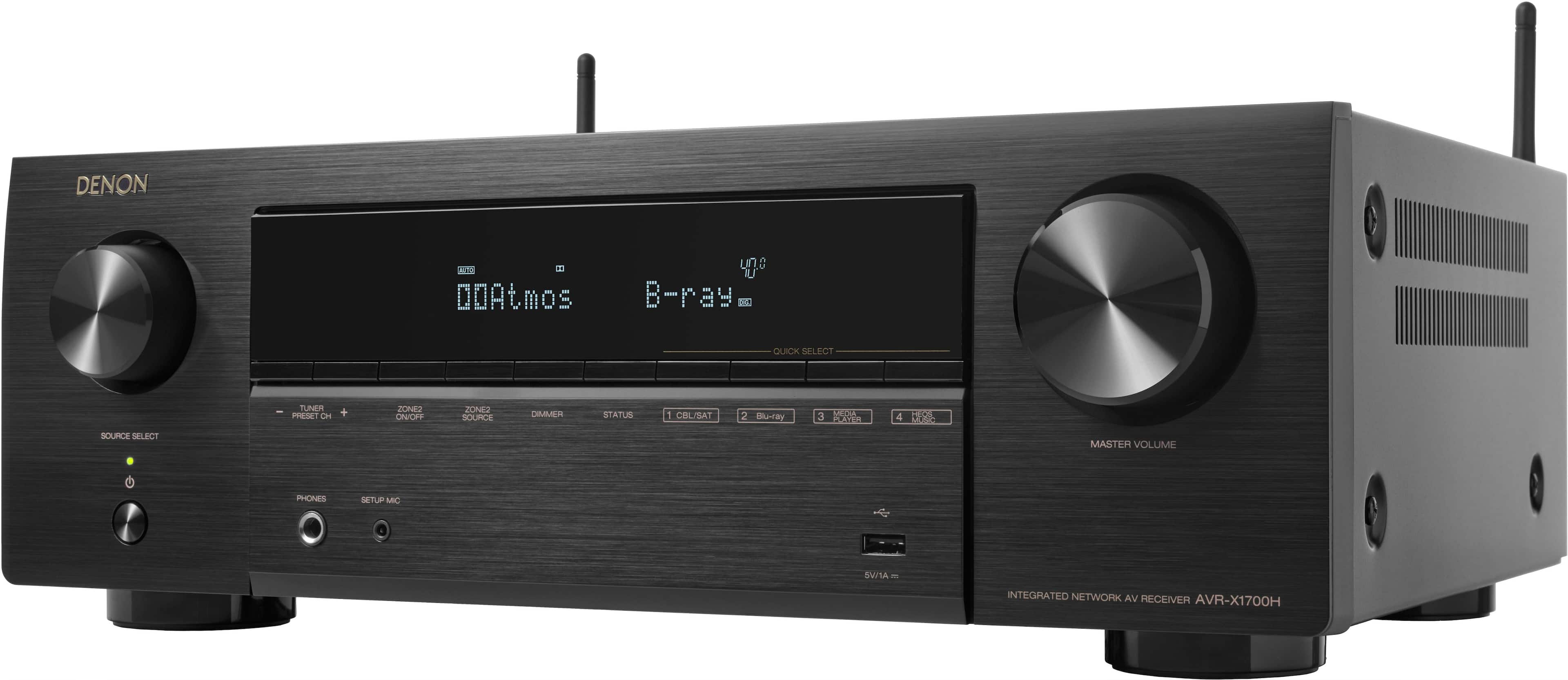 Front. Denon - AVR-X1700H (80W X 7) 7.2-Ch. with HEOS and Dolby Atmos 8K Ultra HD HDR Compatible AV Home Theater Receiver with Alexa - Black.