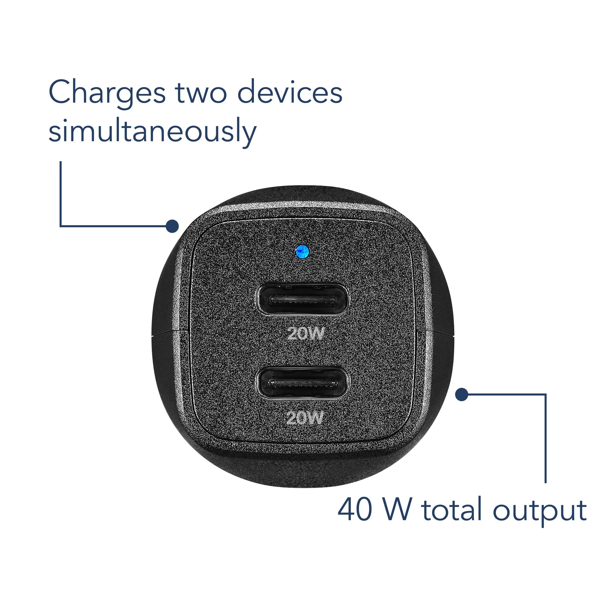 The image features a small charger that charges two devices simultaneously. It has a 20W output, which is suitable for charging smartphones or other small electronic devices. The charger's total output is 40W, making it a versatile and efficient option for charging multiple devices at once.