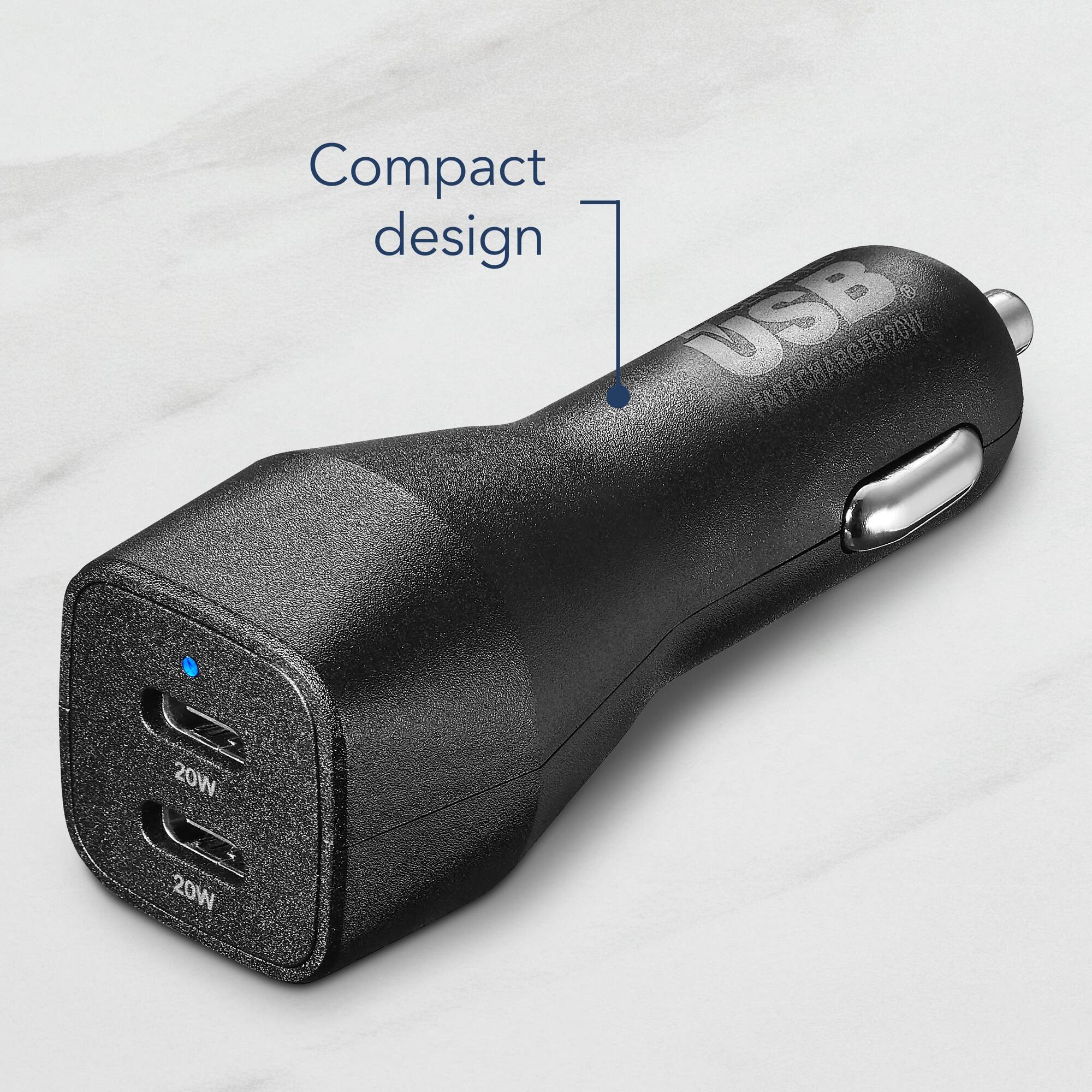 The image features a compact design USB charger, which is a portable and convenient device for charging electronic devices. The charger is black and has a USB plug on one end and a USB port on the other end. The device is designed to provide fast charging capabilities, as indicated by the 20W label. This compact charger is an ideal solution for people who need to charge their devices on the go or in situations where traditional chargers are not available.