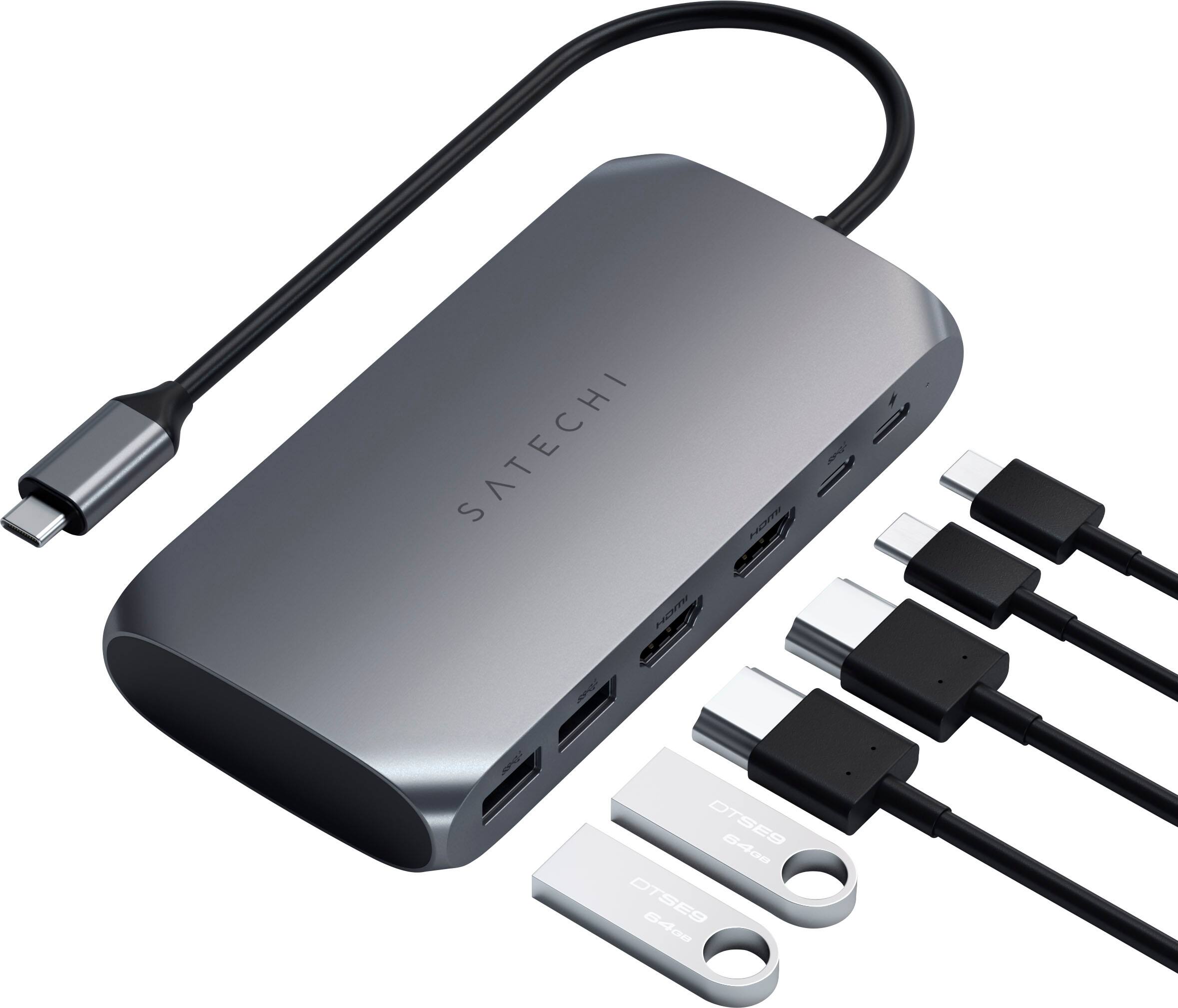 Alt View 12. Satechi - USB-C Multimedia Adapter for M1/M2 with 2 4K HDMI, USB C PD (85W), USB-C, 2 USB-A for MacBook, iPad, Mac & Windows - Space Gray.