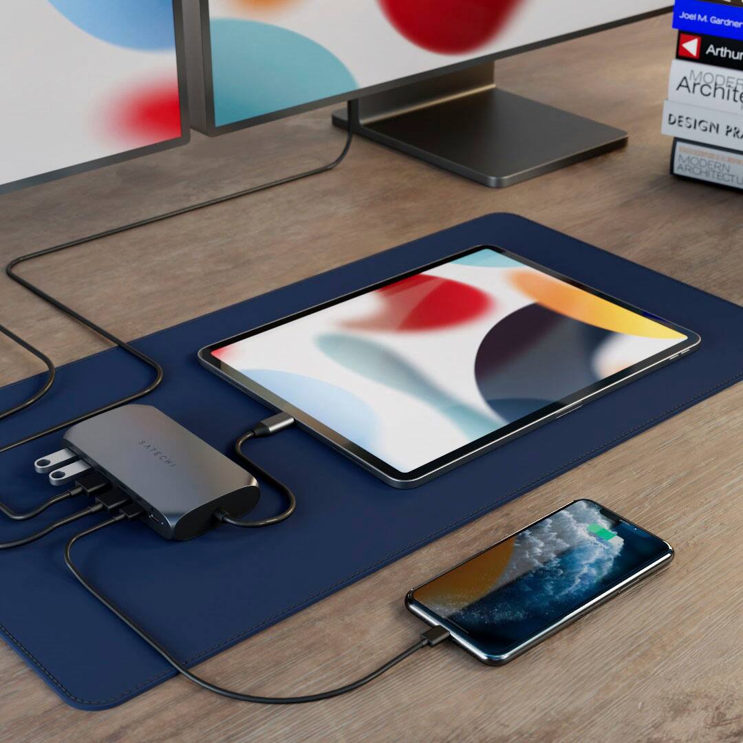 Alt View 20. Satechi - USB-C Multimedia Adapter for M1/M2 with 2 4K HDMI, USB C PD (85W), USB-C, 2 USB-A for MacBook, iPad, Mac & Windows - Space Gray.