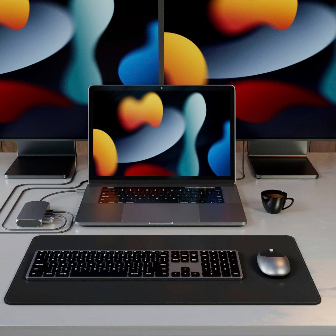 Alt View 21. Satechi - USB-C Multimedia Adapter for M1/M2 with 2 4K HDMI, USB C PD (85W), USB-C, 2 USB-A for MacBook, iPad, Mac & Windows - Space Gray.