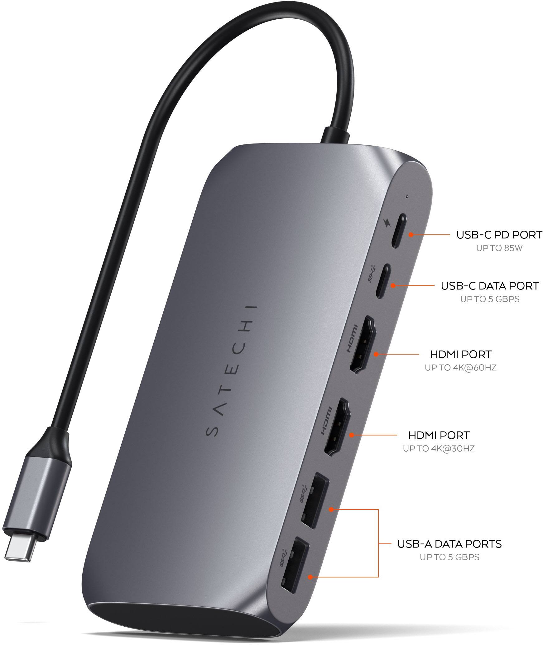 Alt View 11. Satechi - USB-C Multimedia Adapter for M1/M2 with 2 4K HDMI, USB C PD (85W), USB-C, 2 USB-A for MacBook, iPad, Mac & Windows - Space Gray.