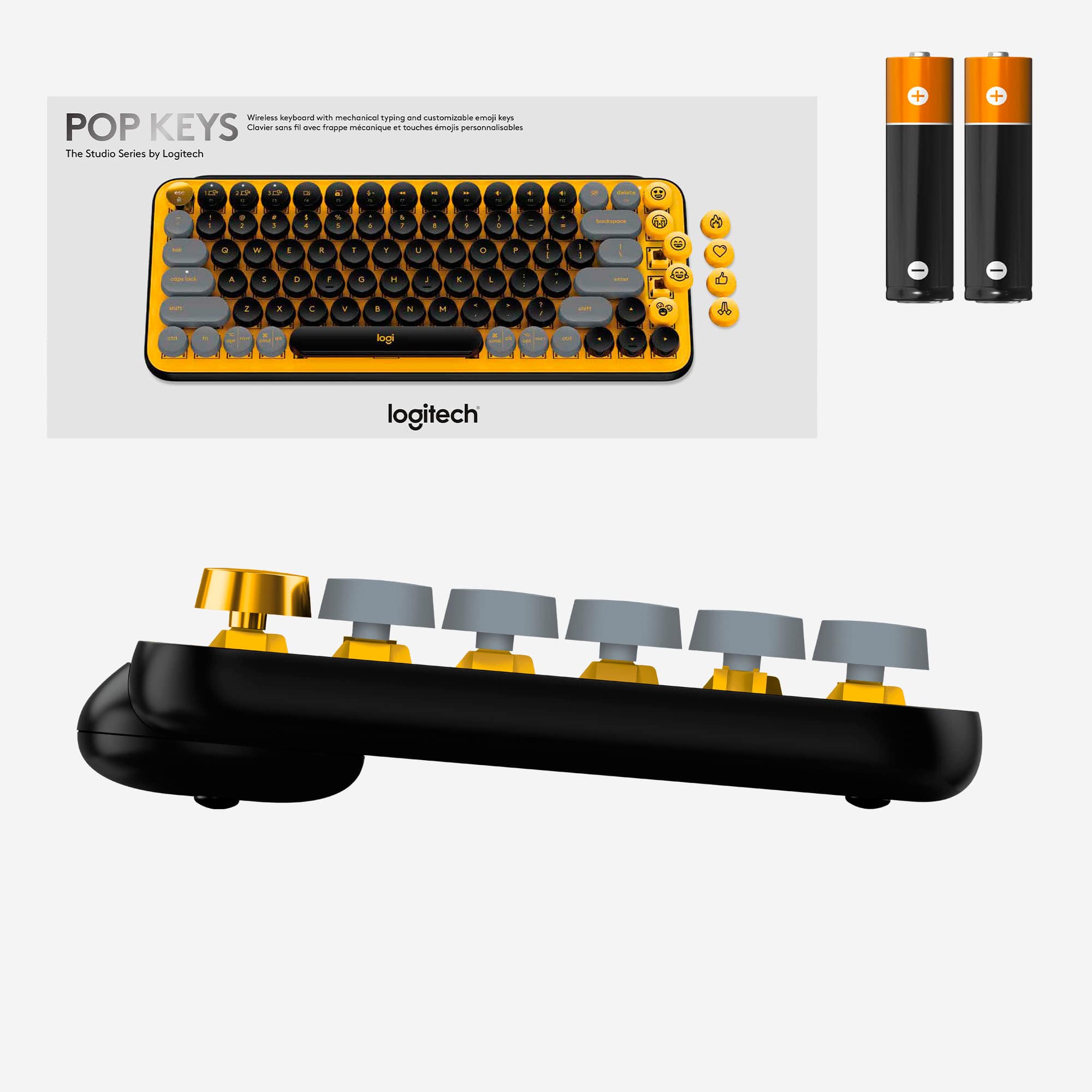 The text on the image is already grouped and correctly spelled. It shows a close-up of a keyboard with the letters and symbols labeled. The keyboard has a yellow and black color scheme, and it features a Logitech logo. The keys are labeled with their corresponding letters and symbols, making it easy for users to identify and use them.