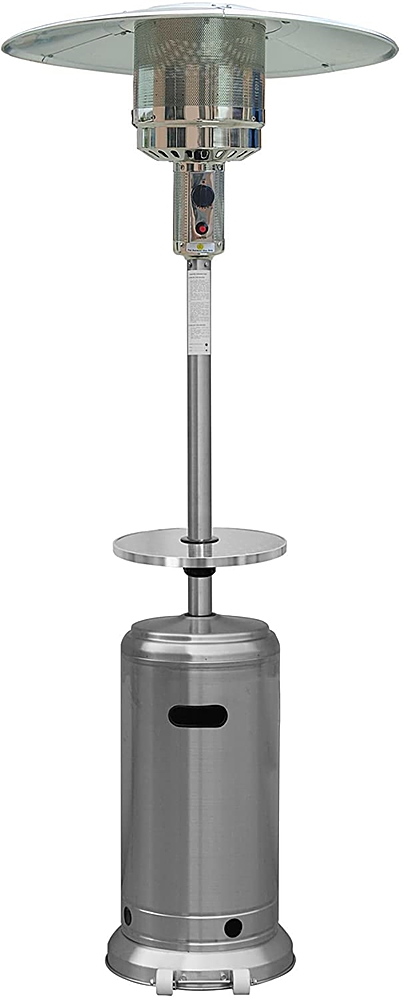 Angle View: AZ Patio Tall Stainless Steel Propane Outdoor Wheeled Patio Heater with Table