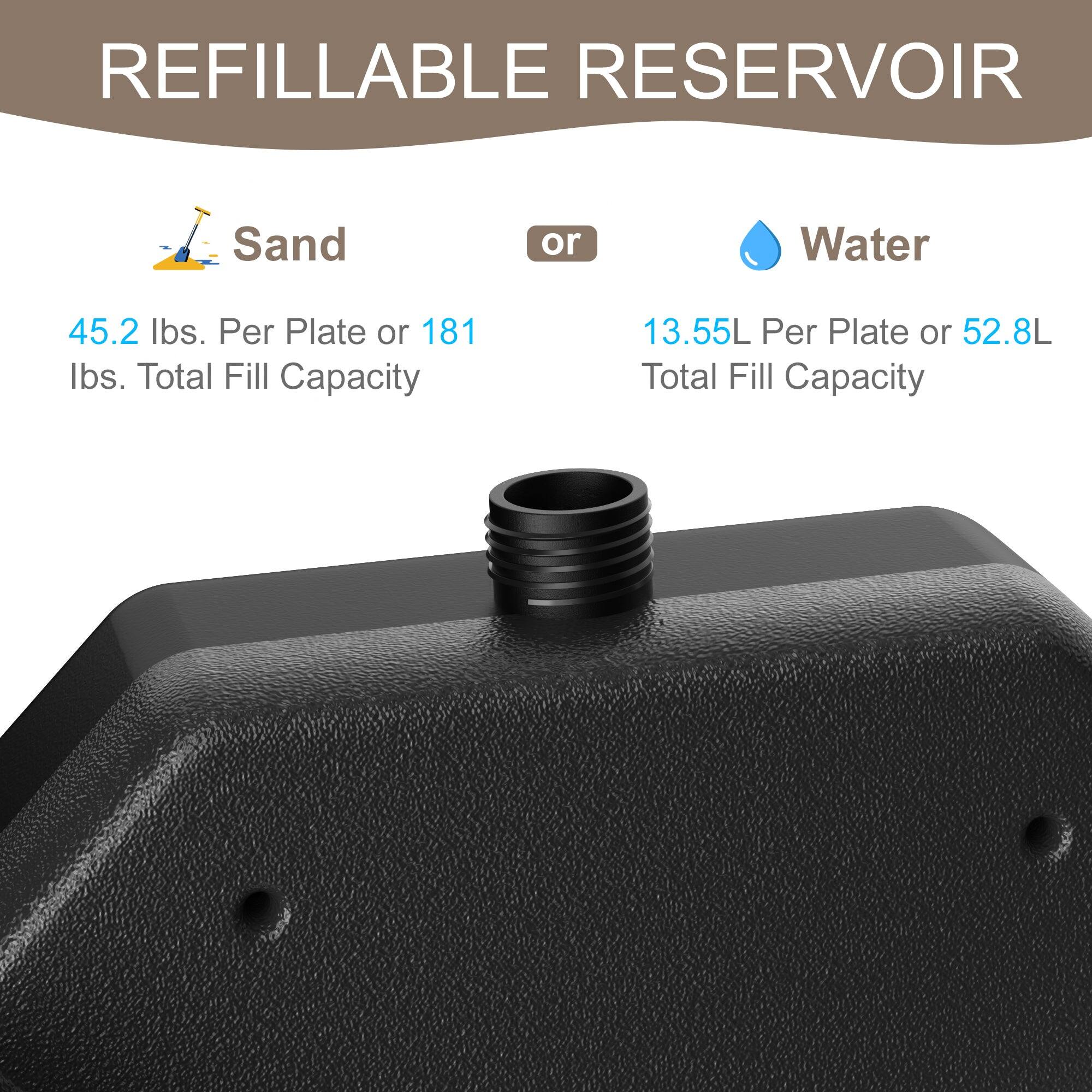 REFILLABLE RESERVOIR

Sand  
45.2 lbs. Per Plate or 181 lbs. Total Fill Capacity

or

Water  
13.55L Per Plate or 52.8L Total Fill Capacity