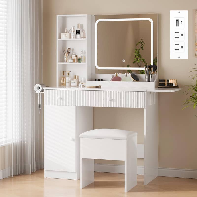 Acekool - Makeup Vanity Table with Mirror Lights, Power Outlet, Drawers, Storage Shelves, Dressing Table - White