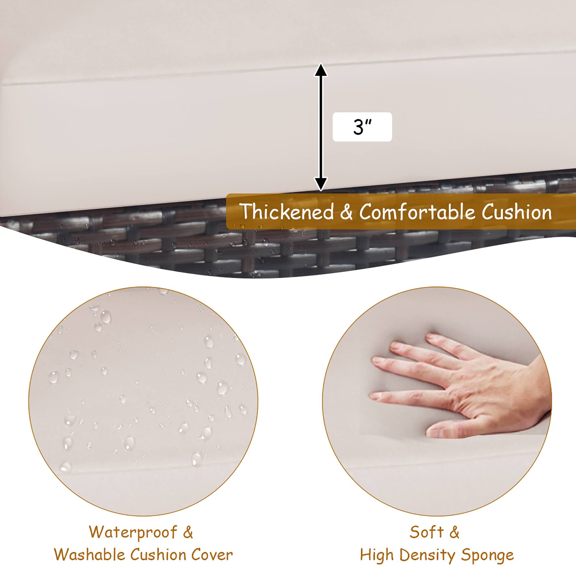 3" Thickened & Comfortable Cushion, Waterproof & Washable Cushion Cover, Soft & High Density Sponge