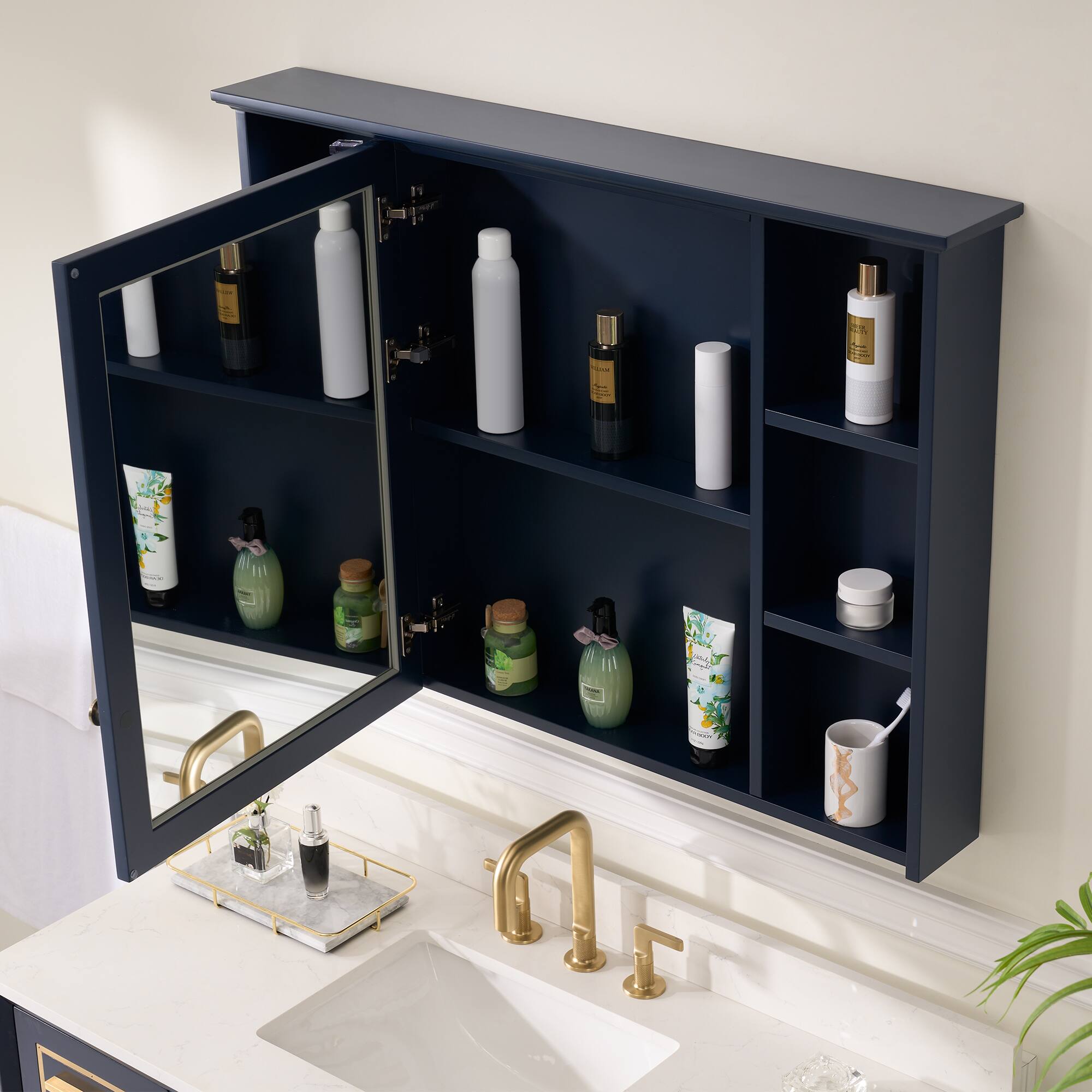 Left. WELLFOR - 42 in. W x 30 in. H Rectangular Solid Wood Frame Surface Mount Medicine Cabinet with Mirror and Soft Close Door - Navy Blue.
