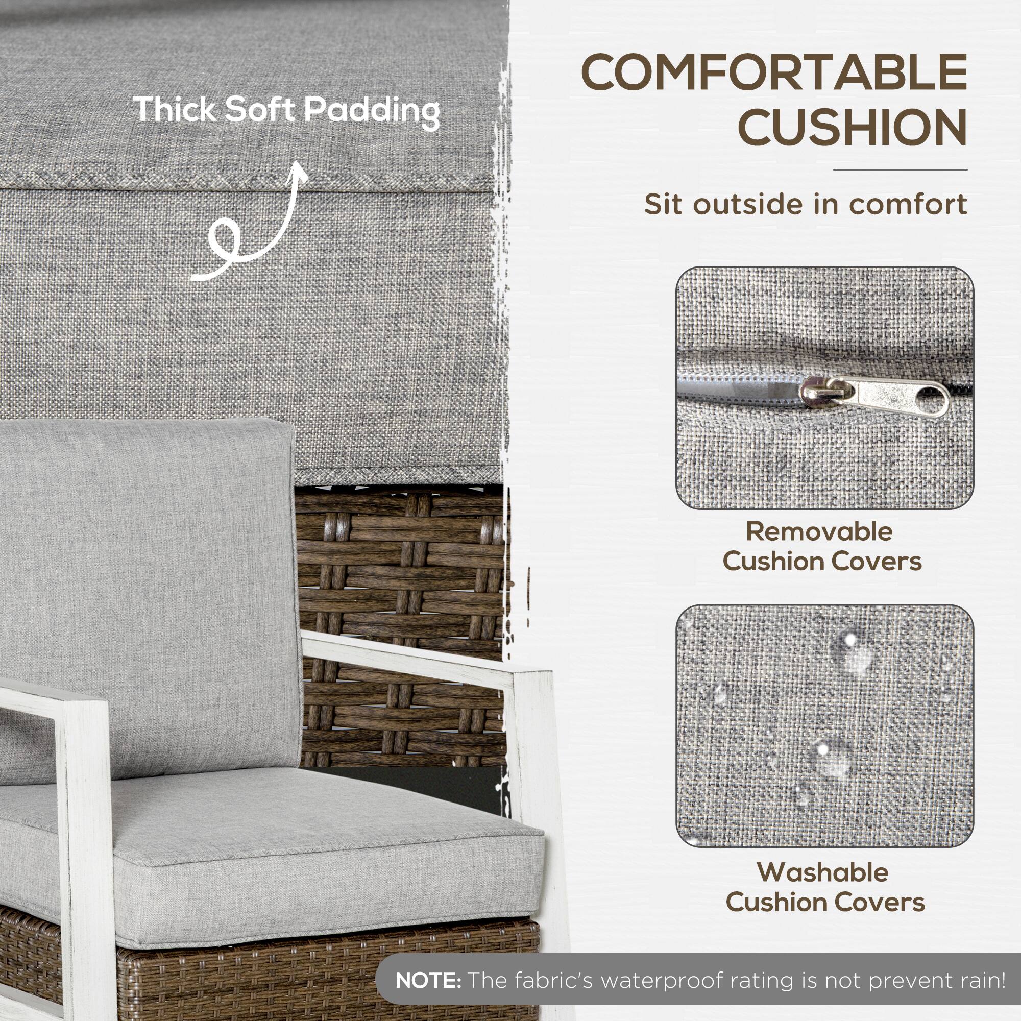 COMFORTABLE CUSHION  
Sit outside in comfort  

Thick Soft Padding  

Removable Cushion Covers  

Washable Cushion Covers  

NOTE: The fabric's waterproof rating is not prevent rain!