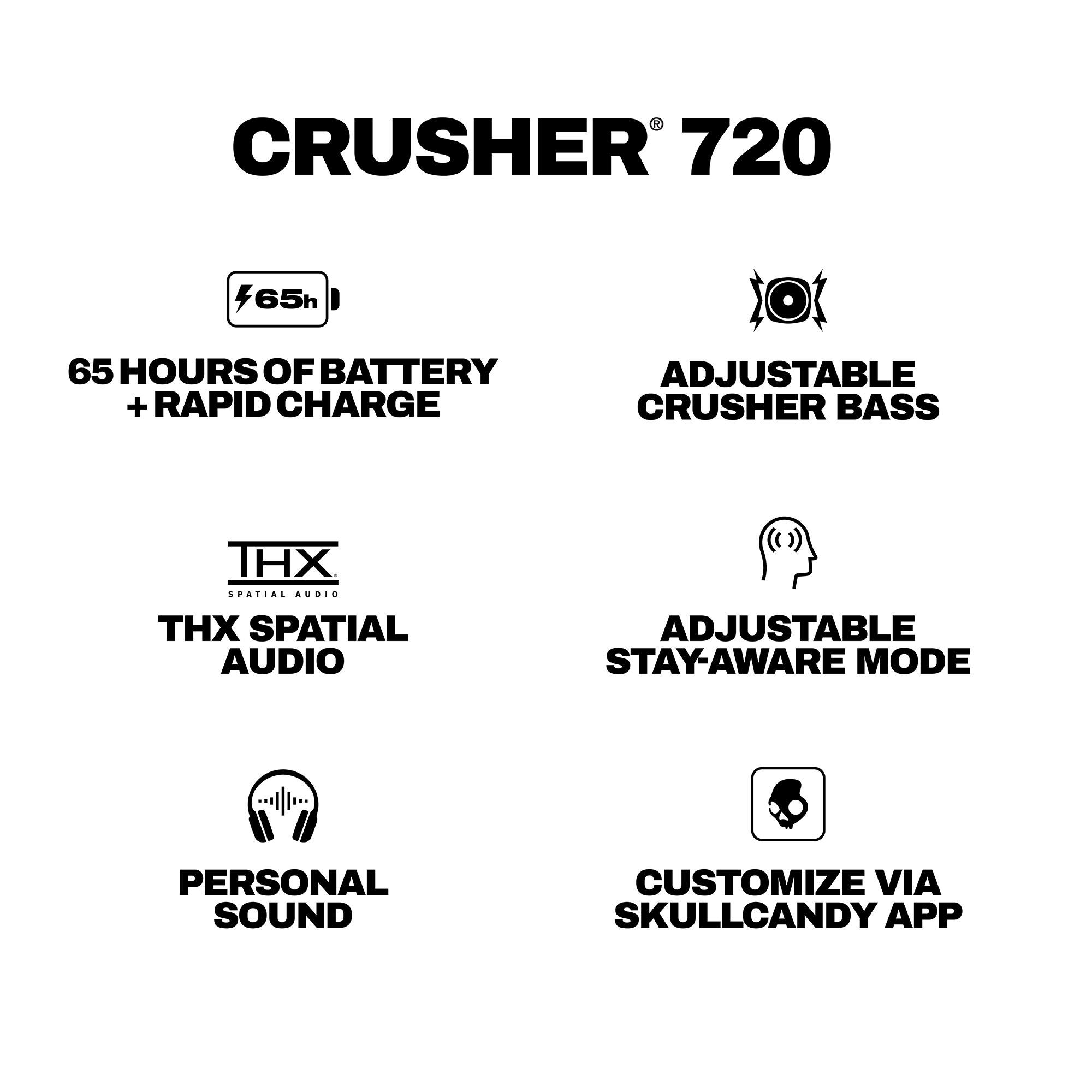 CRUSHER 720

- 65 HOURS OF BATTERY + RAPID CHARGE
- ADJUSTABLE CRUSHER BASS
- THX SPATIAL AUDIO
- ADJUSTABLE STAY-AWARE MODE
- PERSONAL SOUND
- CUSTOMIZE VIA SKULLCANDY APP