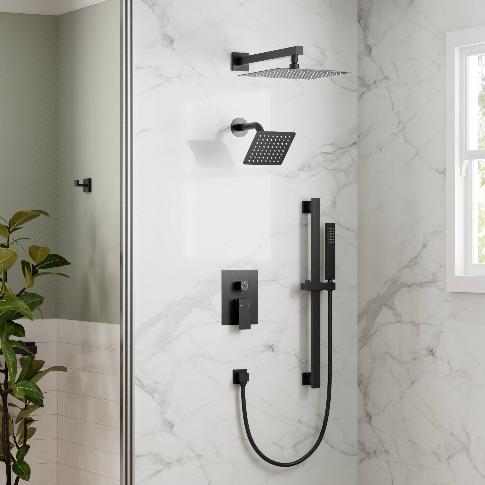 Angle. GRANDJOY - 10" Wall Mount Shower System with Handheld Spray, Slide Bar, and Pressure Balance Valve for Modern Bathroom - Matte Black.